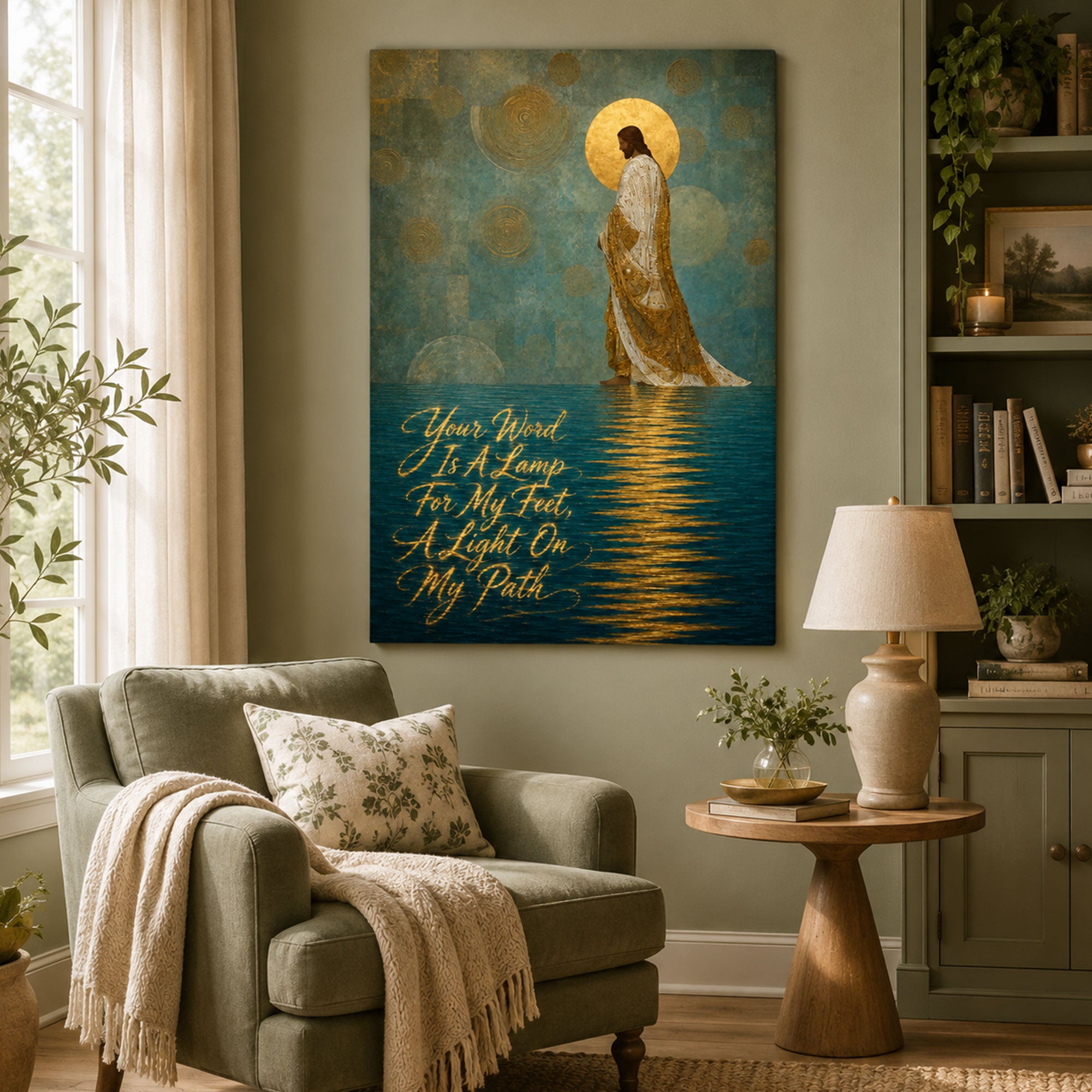 Your Word Is a Lamp for My Feet Canvas Print, Gustav Klimt Inspired Christian Wall Art, Golden Scripture Faith Decor