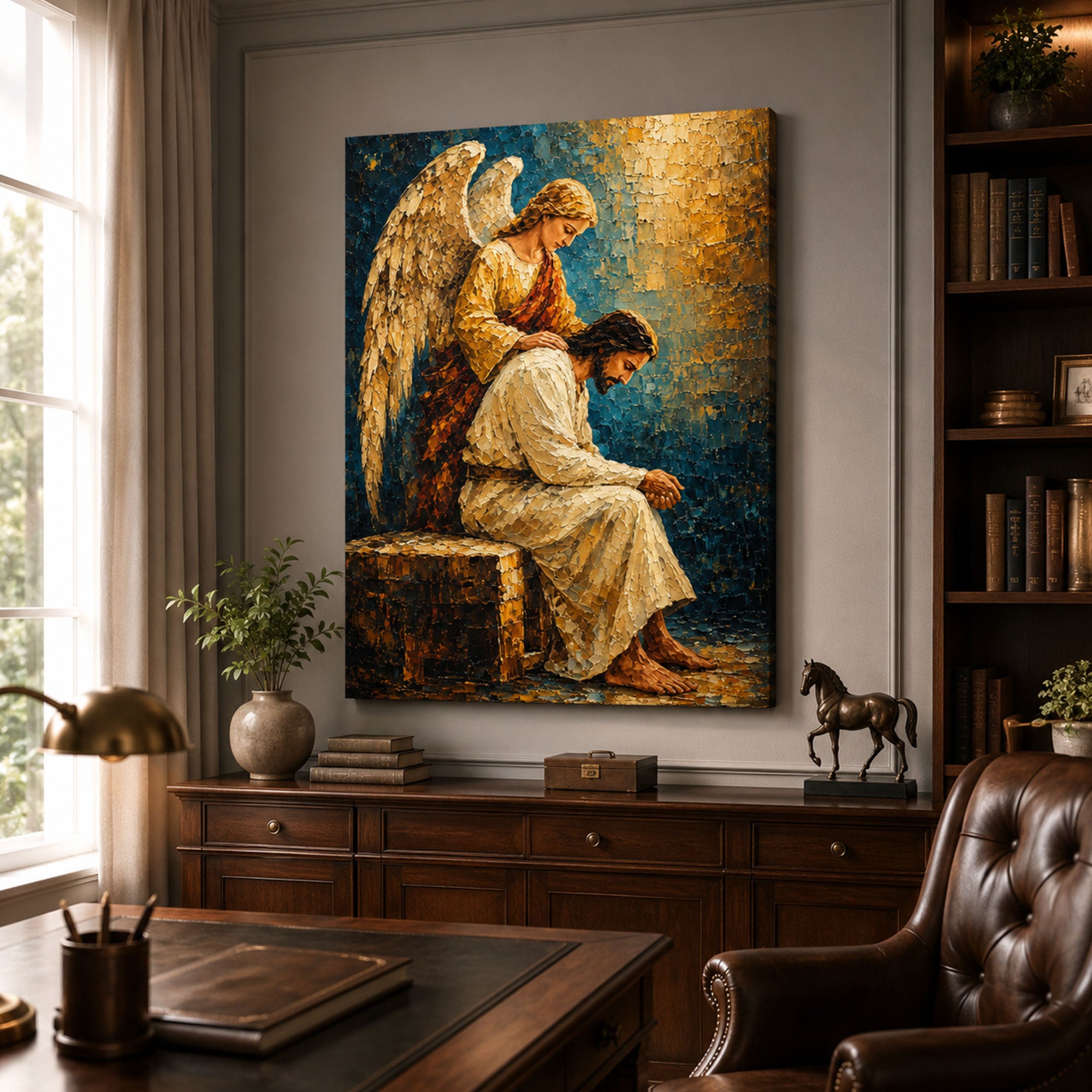 Guardian Angel Comforting Jesus Canvas Print, Christian Angel Wall Art, Faith Home Decor Gift
