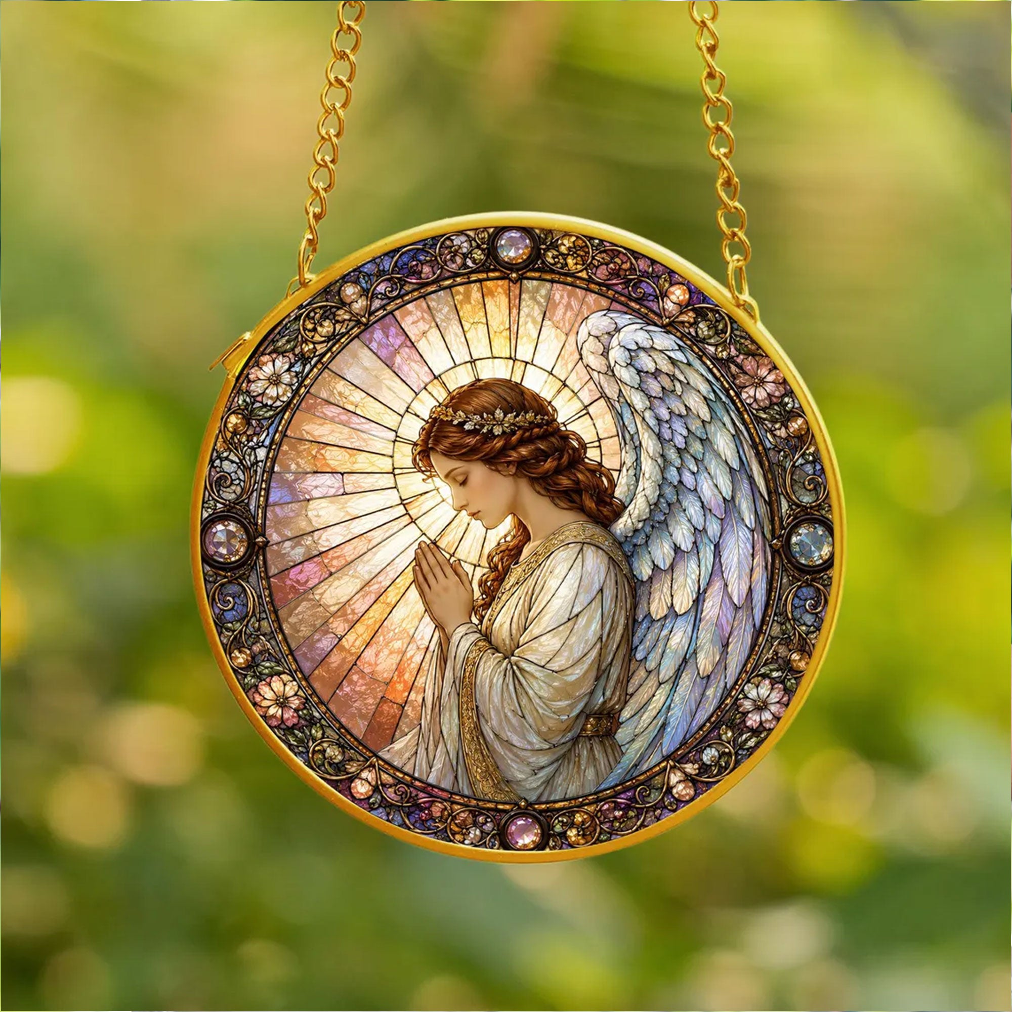 Praying Guardian Angel Stained Glass Suncatcher, Christian Window Hanging Gift