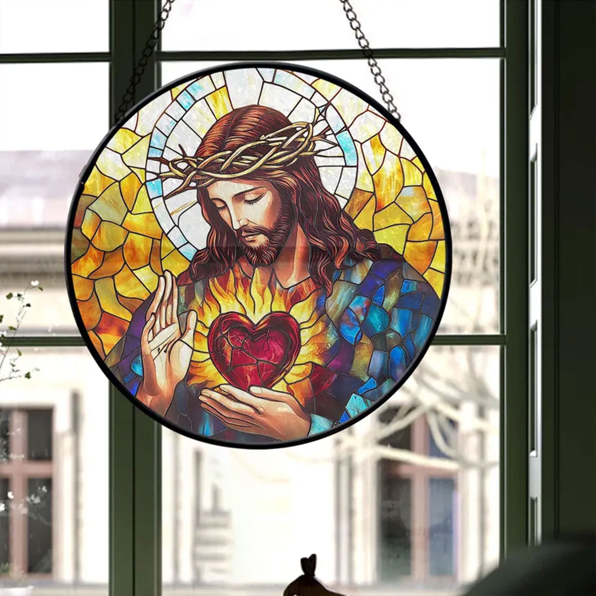 Sacred Heart of Jesus Faux Stained Glass Suncatcher, Christian Window Hanging Decor, Catholic Faith Gift