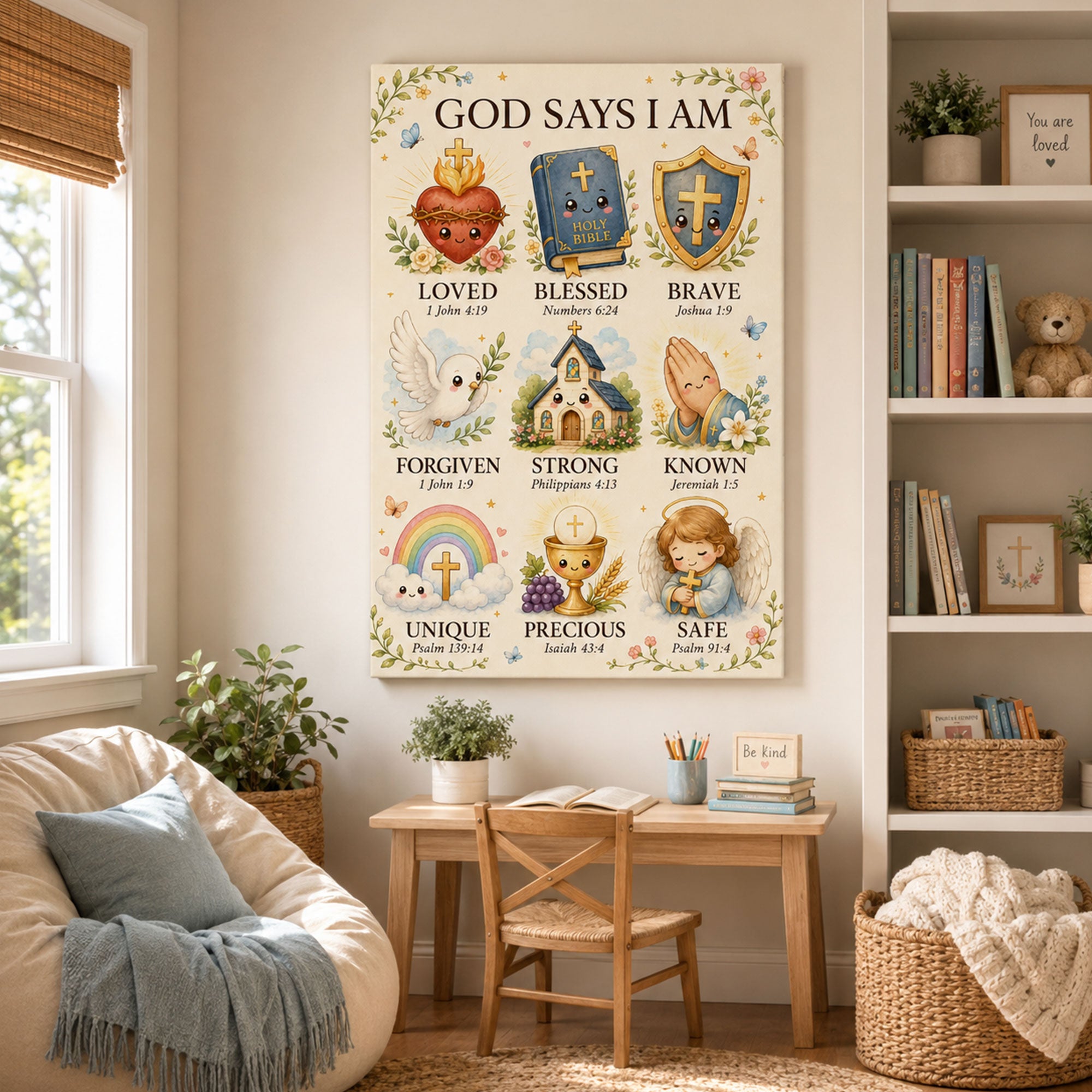 God Says I Am Christian Kids Canvas Print Catholic Affirmation Wall Art Bible Verse Nursery Decor