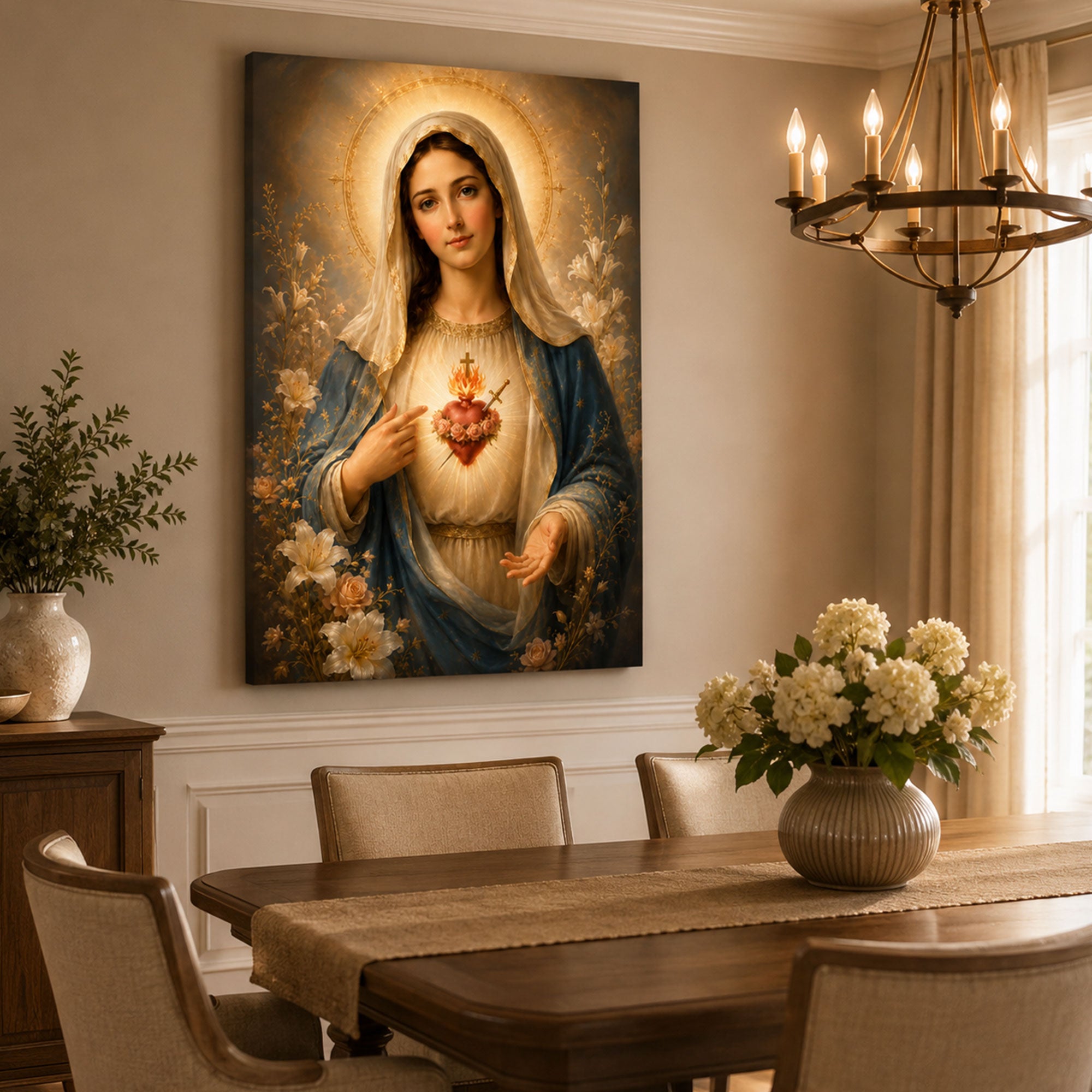 Immaculate Heart of Mary Canvas Print Catholic Wall Art Virgin Mary Floral Religious Faith Decor