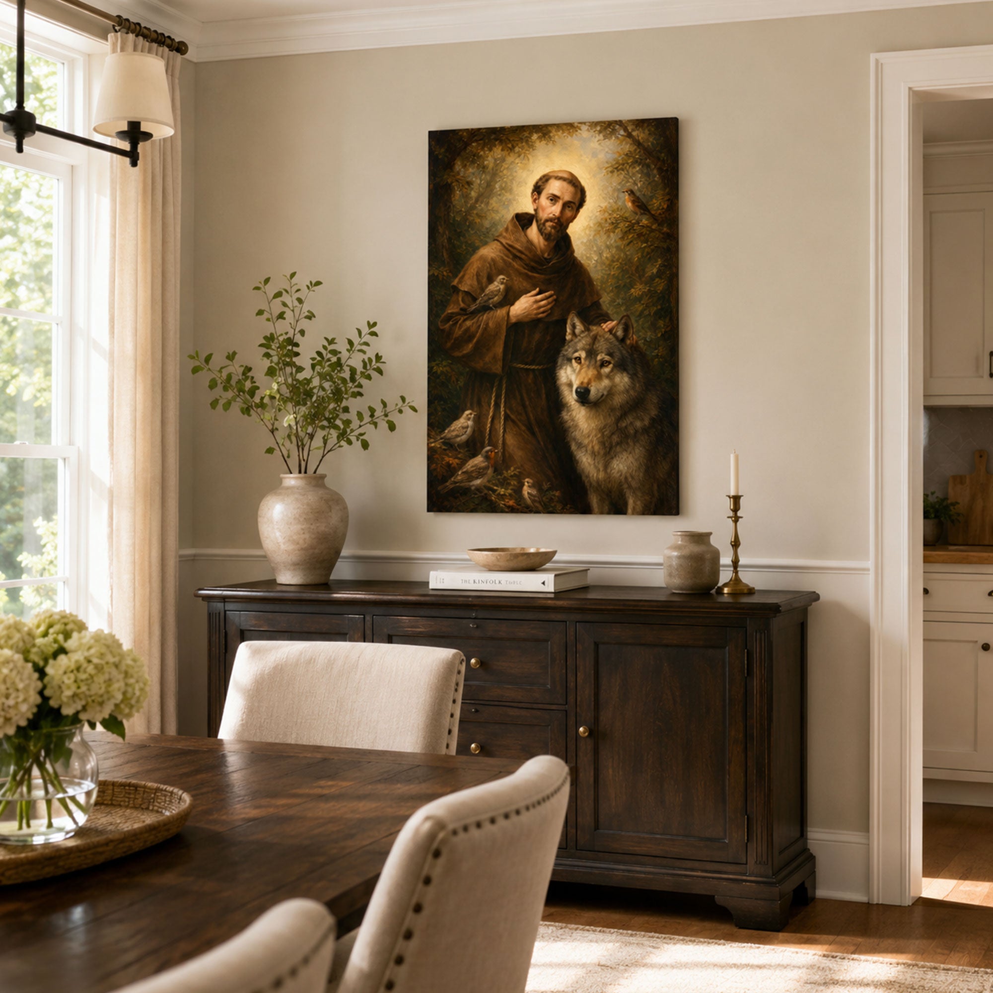 Saint Francis of Assisi Canvas Print, Wolf and Birds Catholic Wall Art, Christian Nature Home Decor Gift