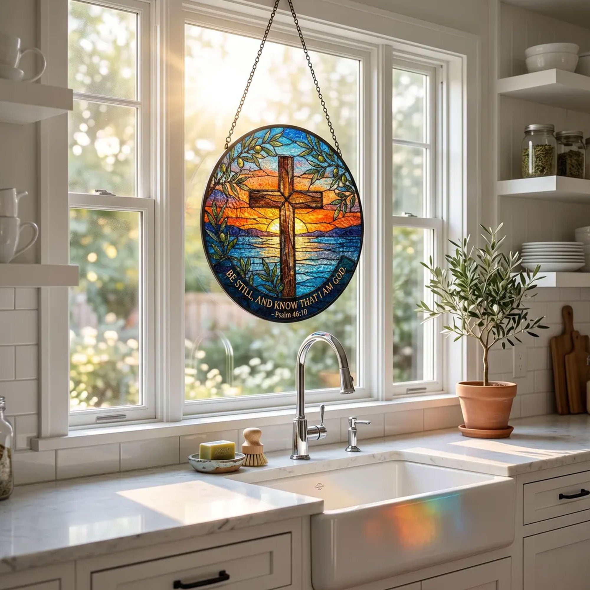 Psalm 46:10 Cross Suncatcher, Be Still and Know That I Am God, Christian Window Hanging