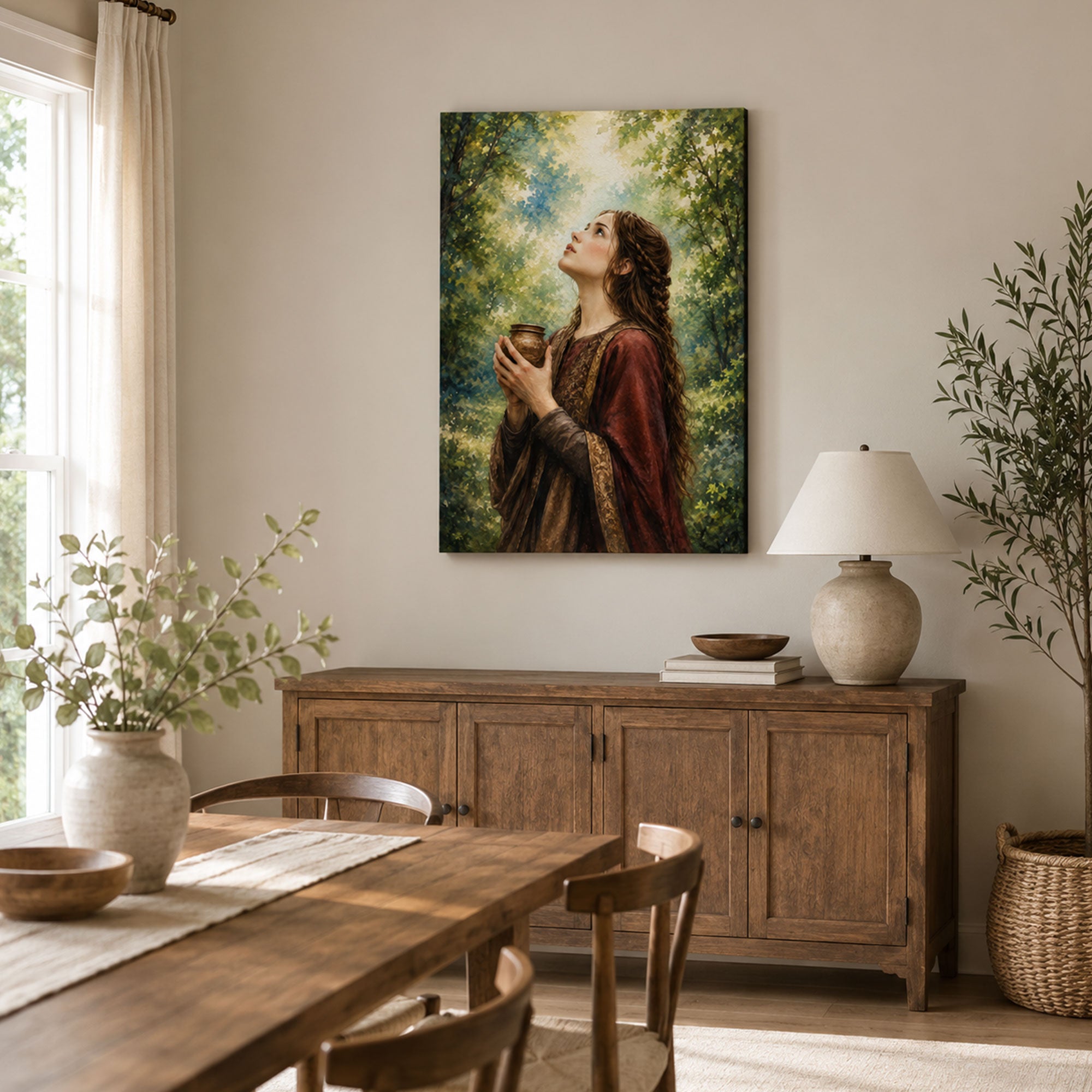 Mary Magdalene in the Forest Canvas Print, Light Through the Trees Catholic Decor