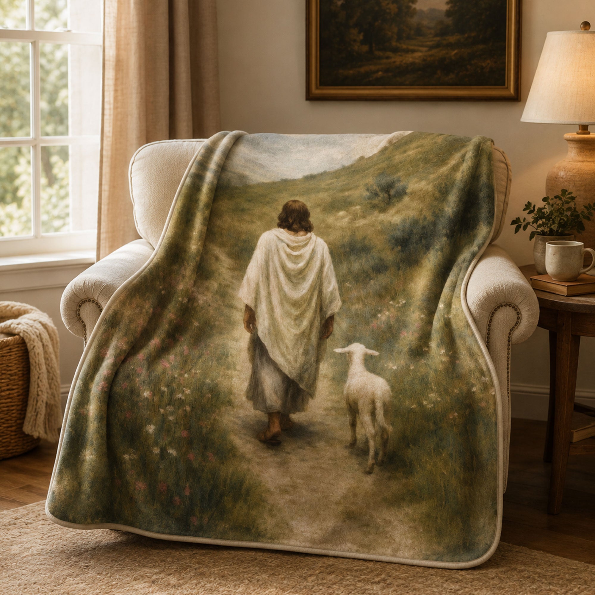 Jesus Walking with Lamb Fleece Blanket, Good Shepherd Christian Throw, Faith Gift for Believers