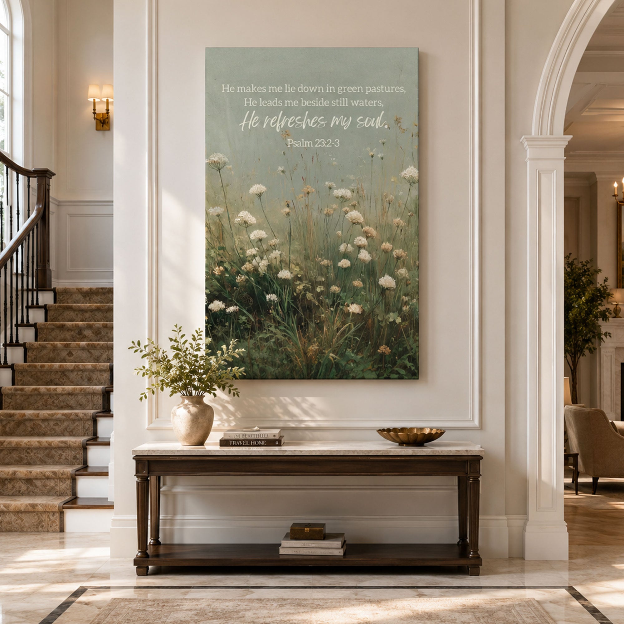 Psalm 23 Bible Verse Canvas Print, Soft Floral Field Christian Wall Art, Minimalist Scripture Home Decor Gift