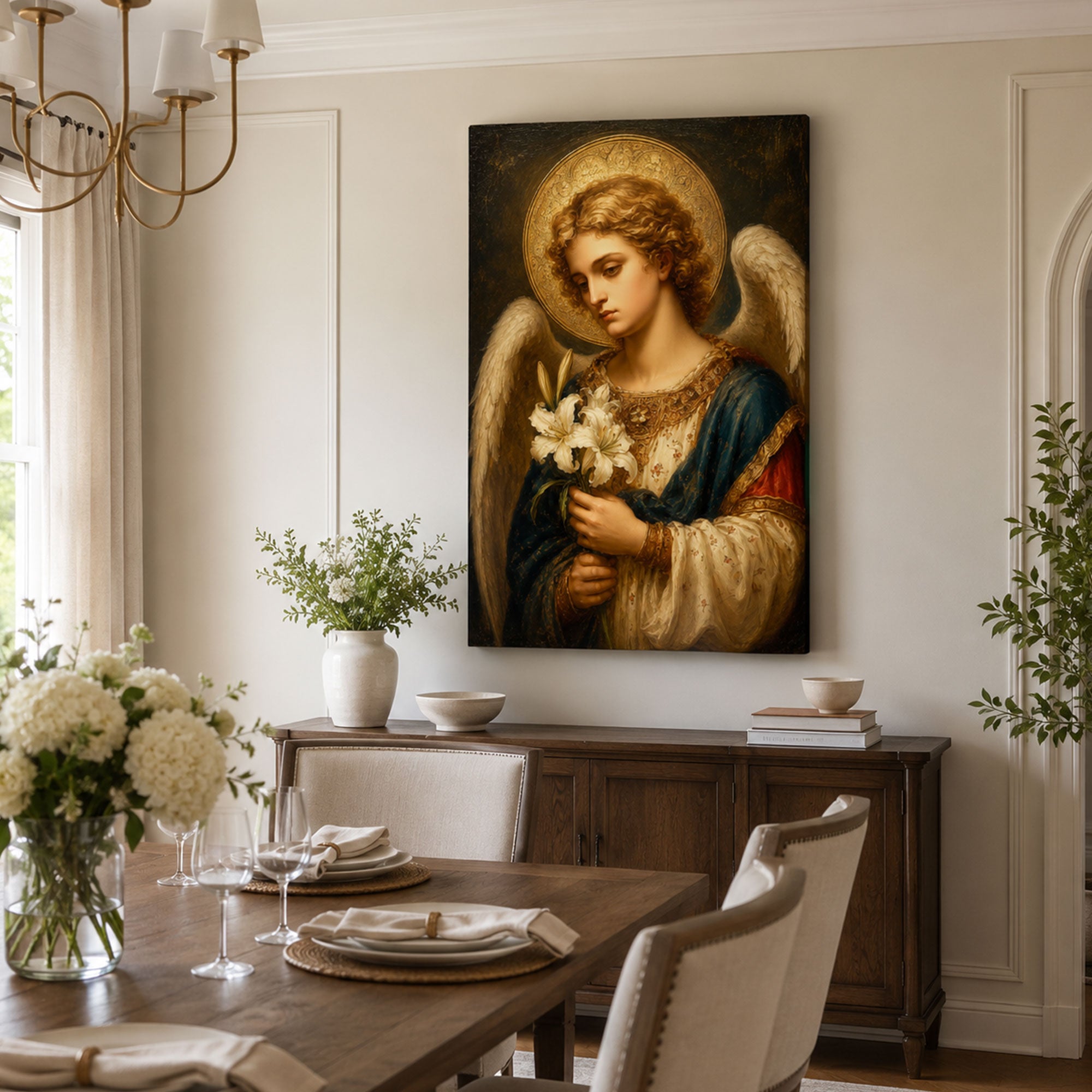 Archangel Gabriel with Lilies Canvas Print, Catholic Home Decor