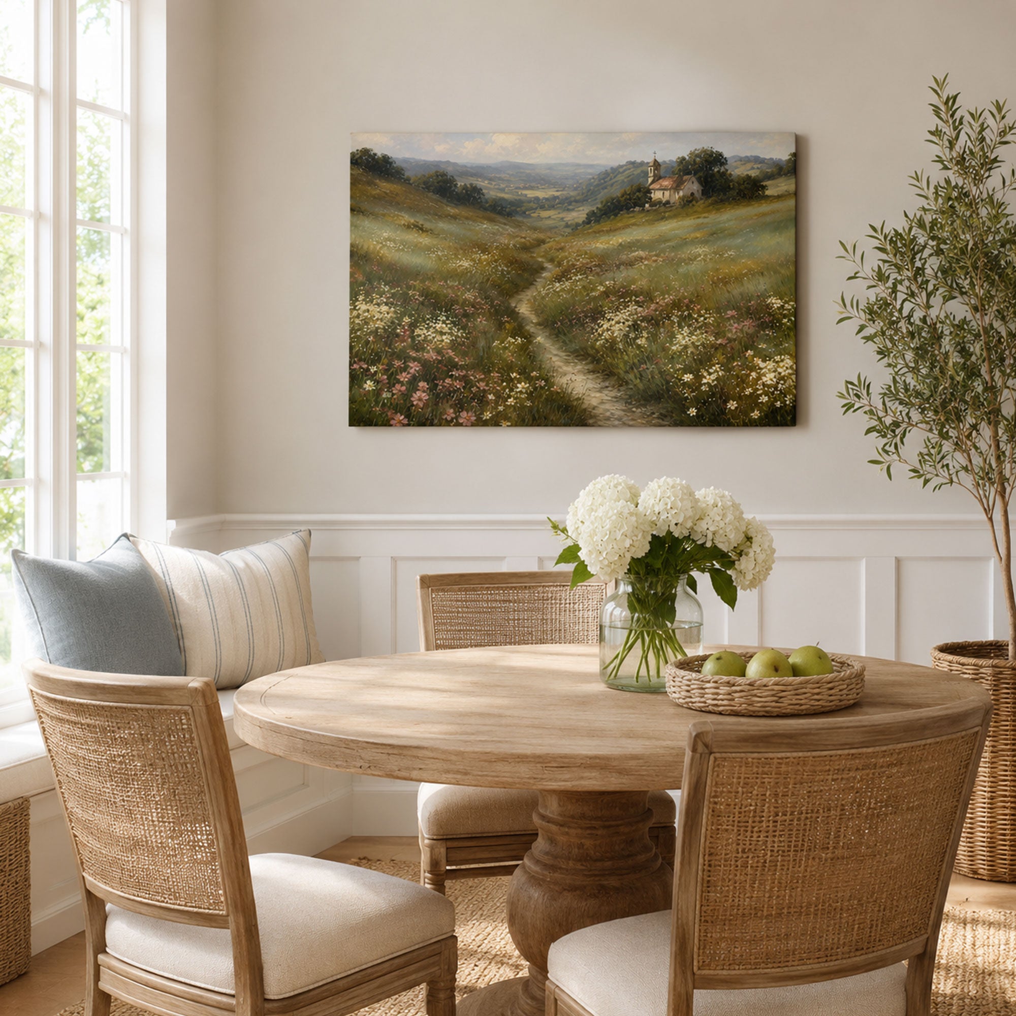 Country Church Landscape Canvas Print, Christian Meadow Path Wall Art, Peaceful Faith Home Decor Gift