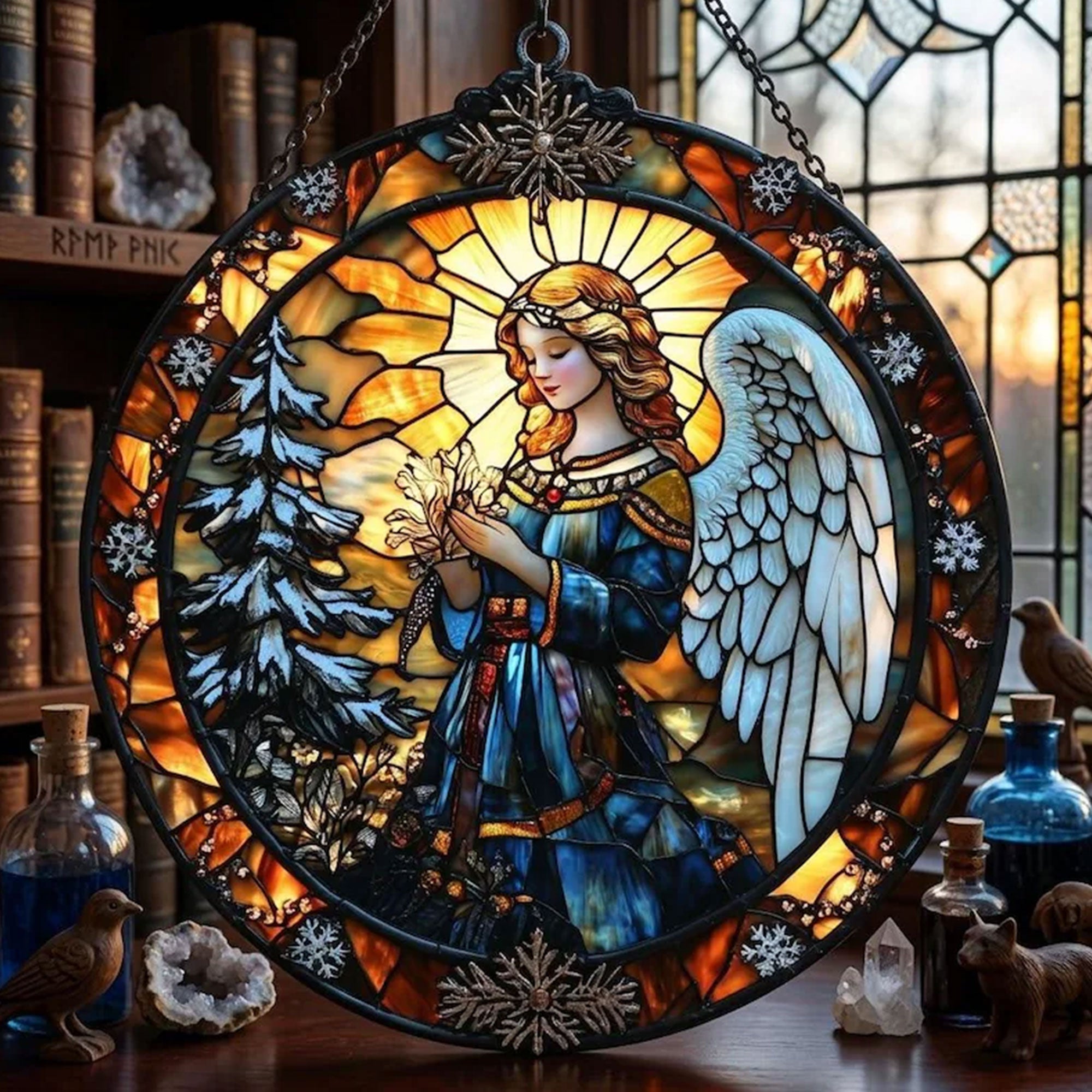 Winter Angel Suncatcher, Stained Glass Window Hanging, Catholic Christmas Decor Gift