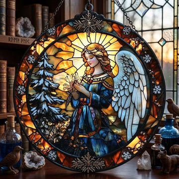 Winter Angel Suncatcher, Stained Glass Window Hanging, Catholic Christmas Decor Gift