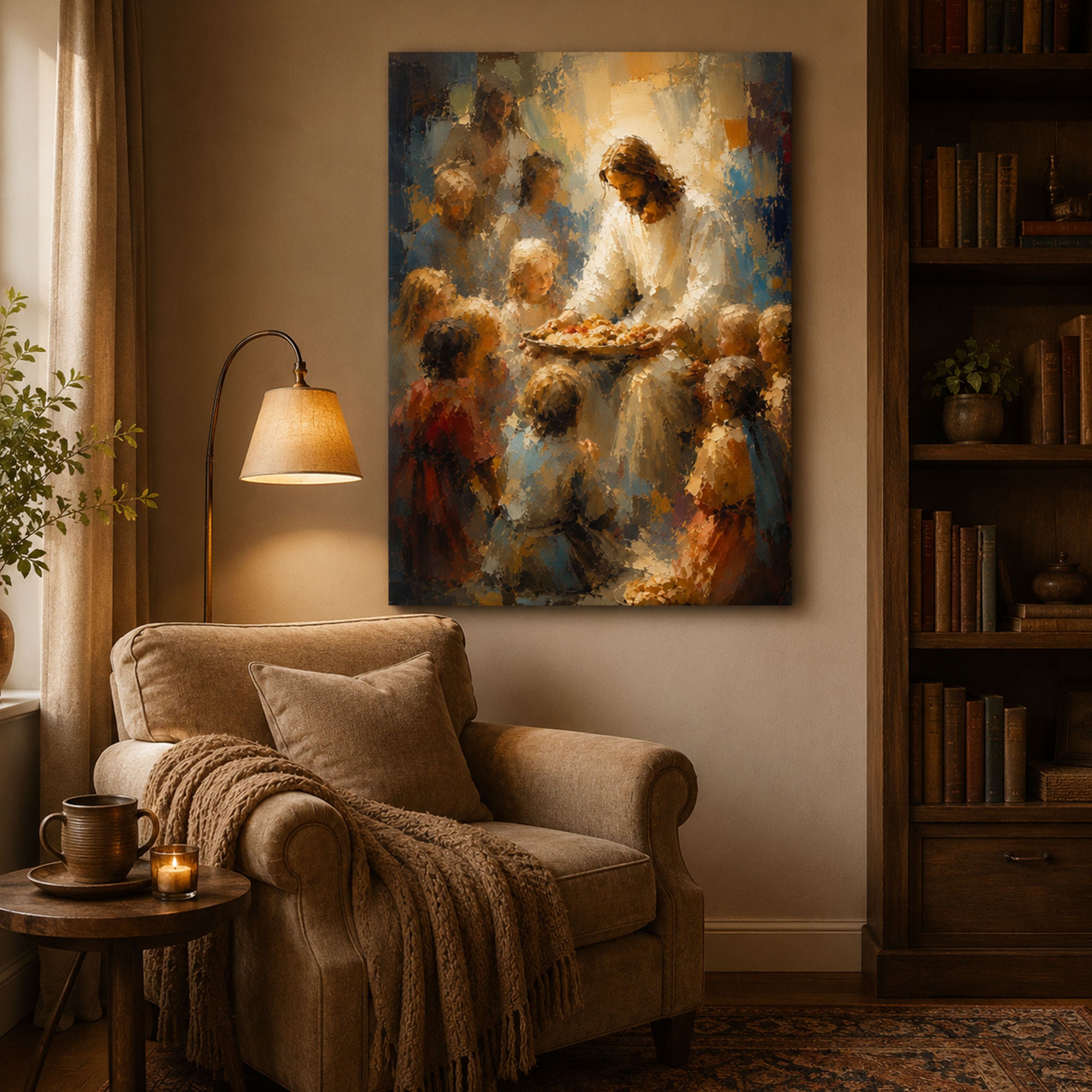 Jesus Sharing Bread with Children Canvas Print, Christian Wall Art, Bread of Life Faith Home Decor