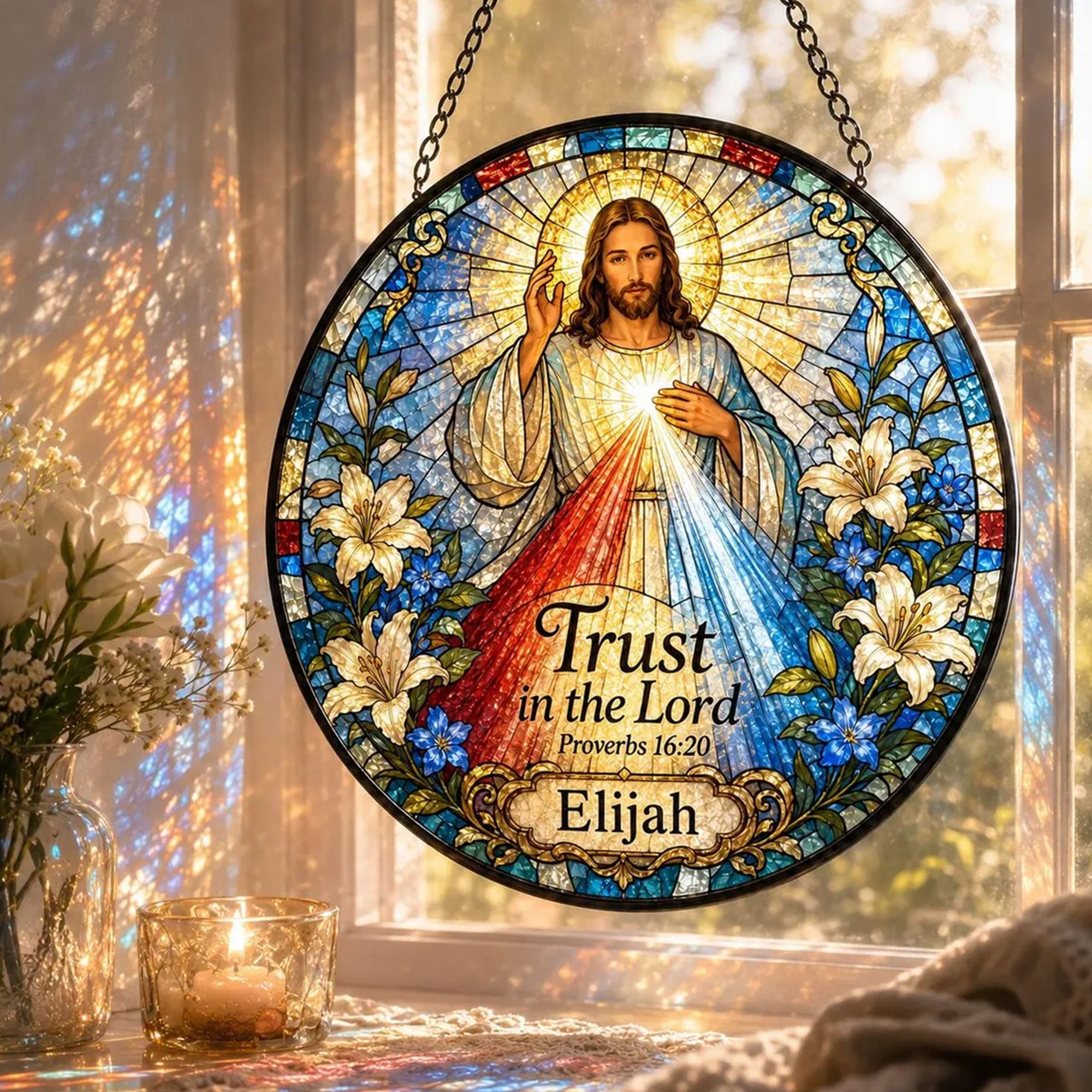 Personalized Divine Mercy Jesus Suncatcher, Trust in the Lord Proverbs 16:20, Catholic Gift