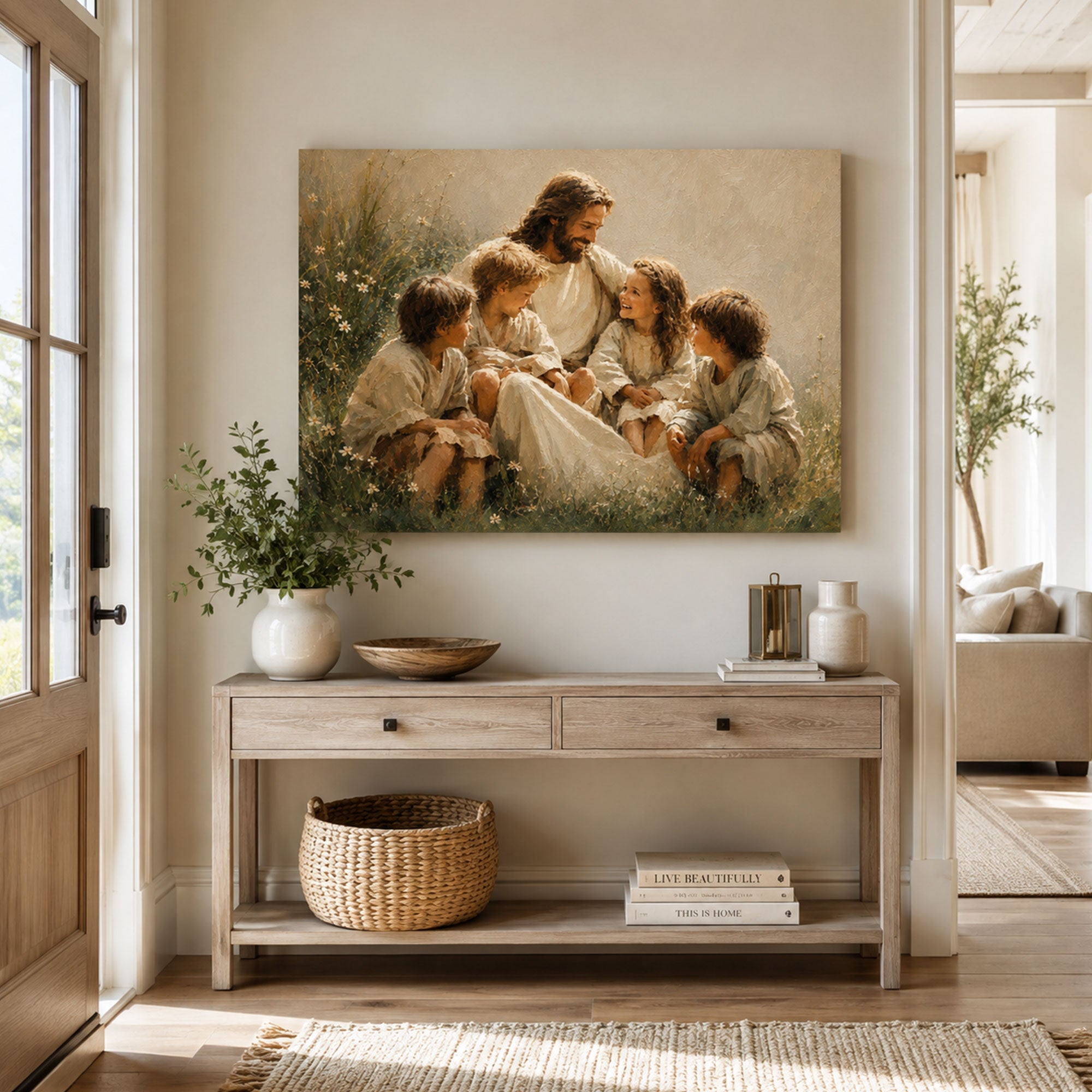 Jesus with Children Canvas Print, Matthew 19:14 Christian Wall Decor, Family Faith Gift