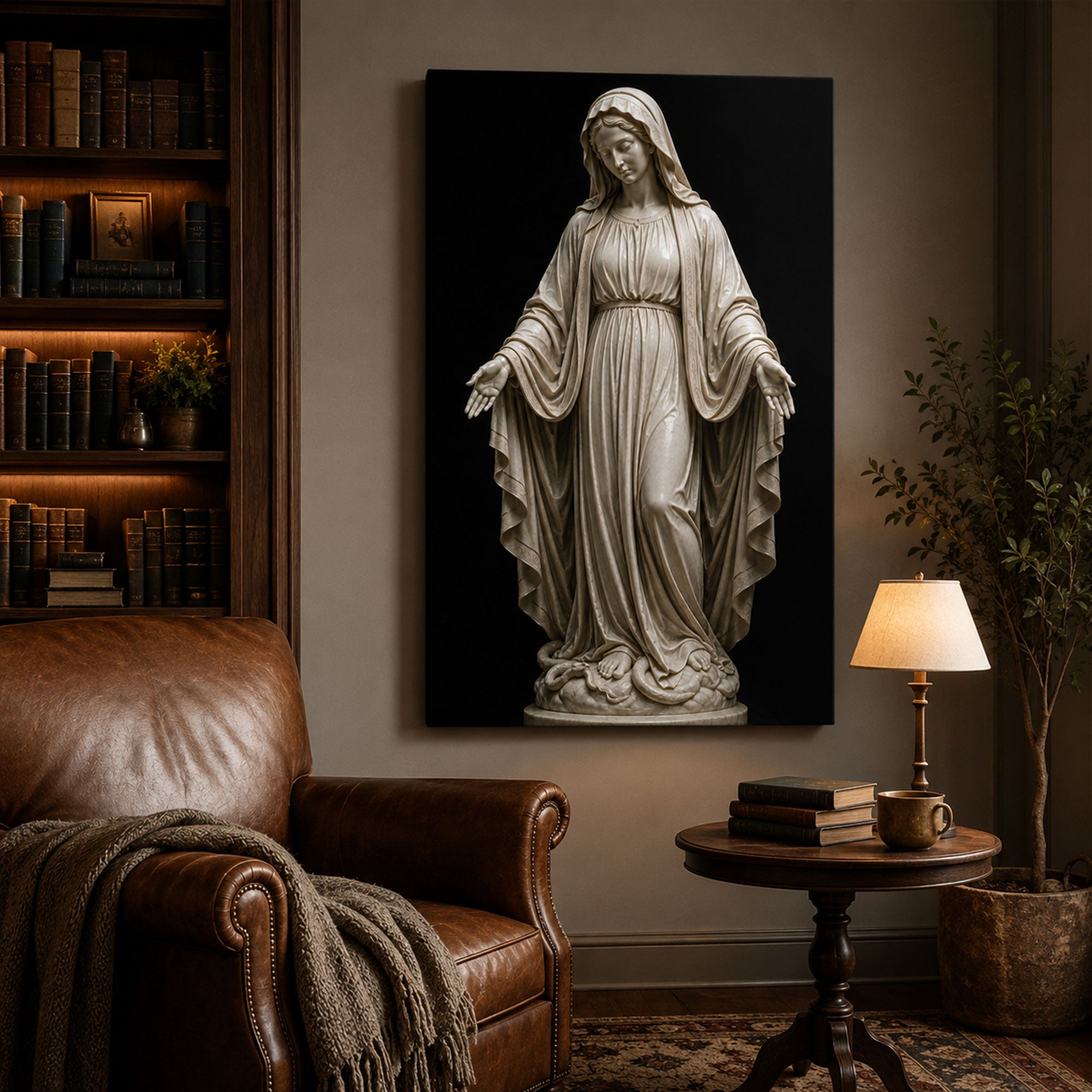 Virgin Mary Statue Canvas Print, Catholic Marian Wall Art, Faith Home Decor Gift