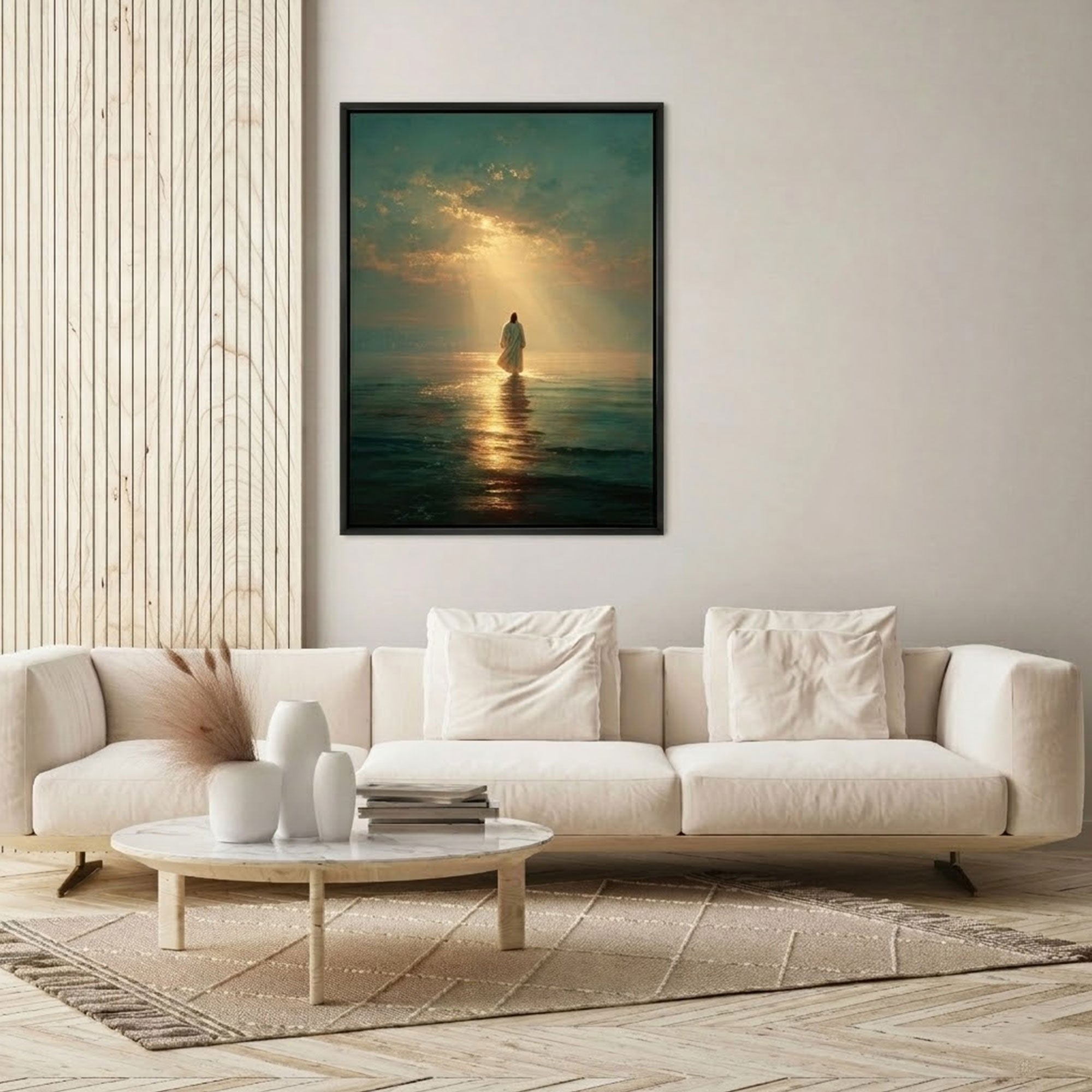 Jesus Walking on Water Canvas Print, Faith Over Fear Christian Wall Art, Divine Light Ocean Scene, Spiritual Home Decor, Inspirational Religious Gift