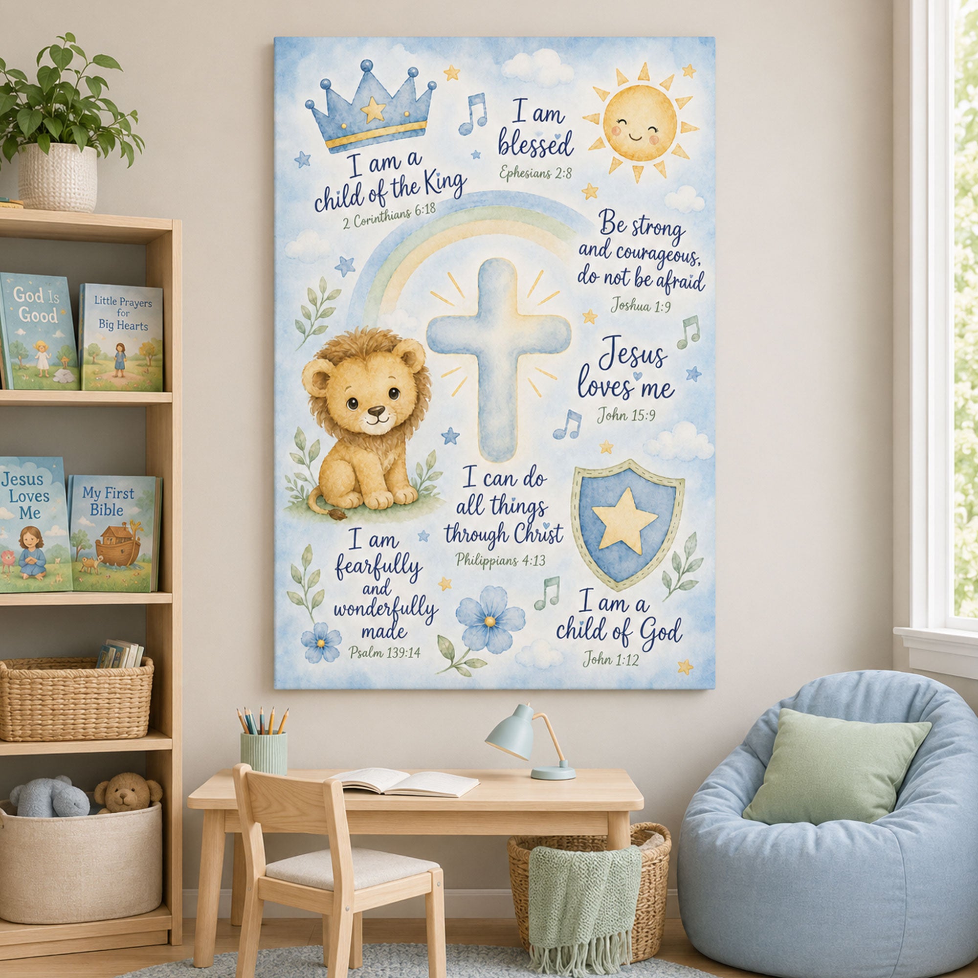 Christian Boy Nursery Wall Art Bible Verse Affirmation Canvas Print Blue Watercolor Lion Cross Jesus Loves Me Decor