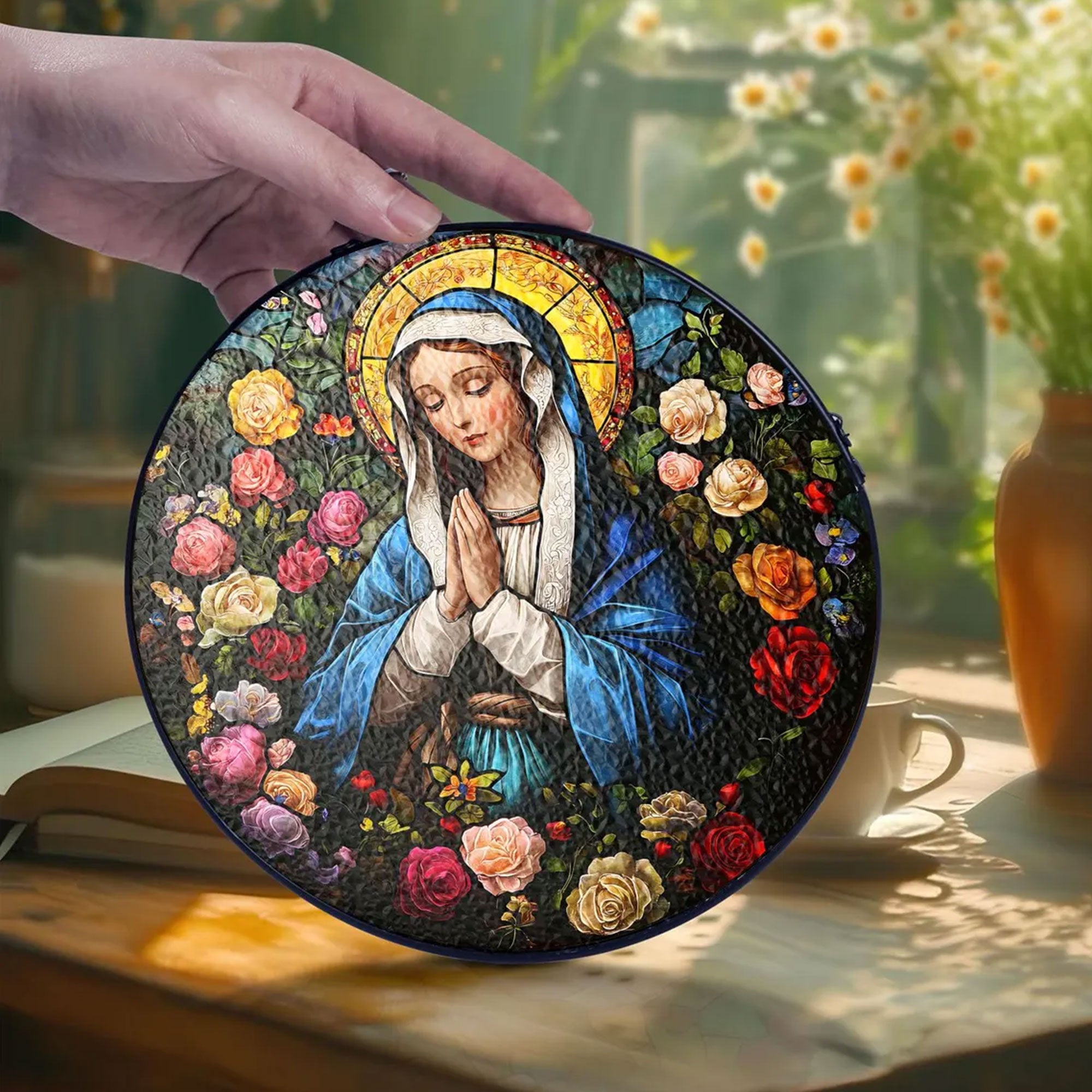 Virgin Mary Stained Glass Suncatcher, Holy Mother Catholic Window Hanging, Christian Decor Gift