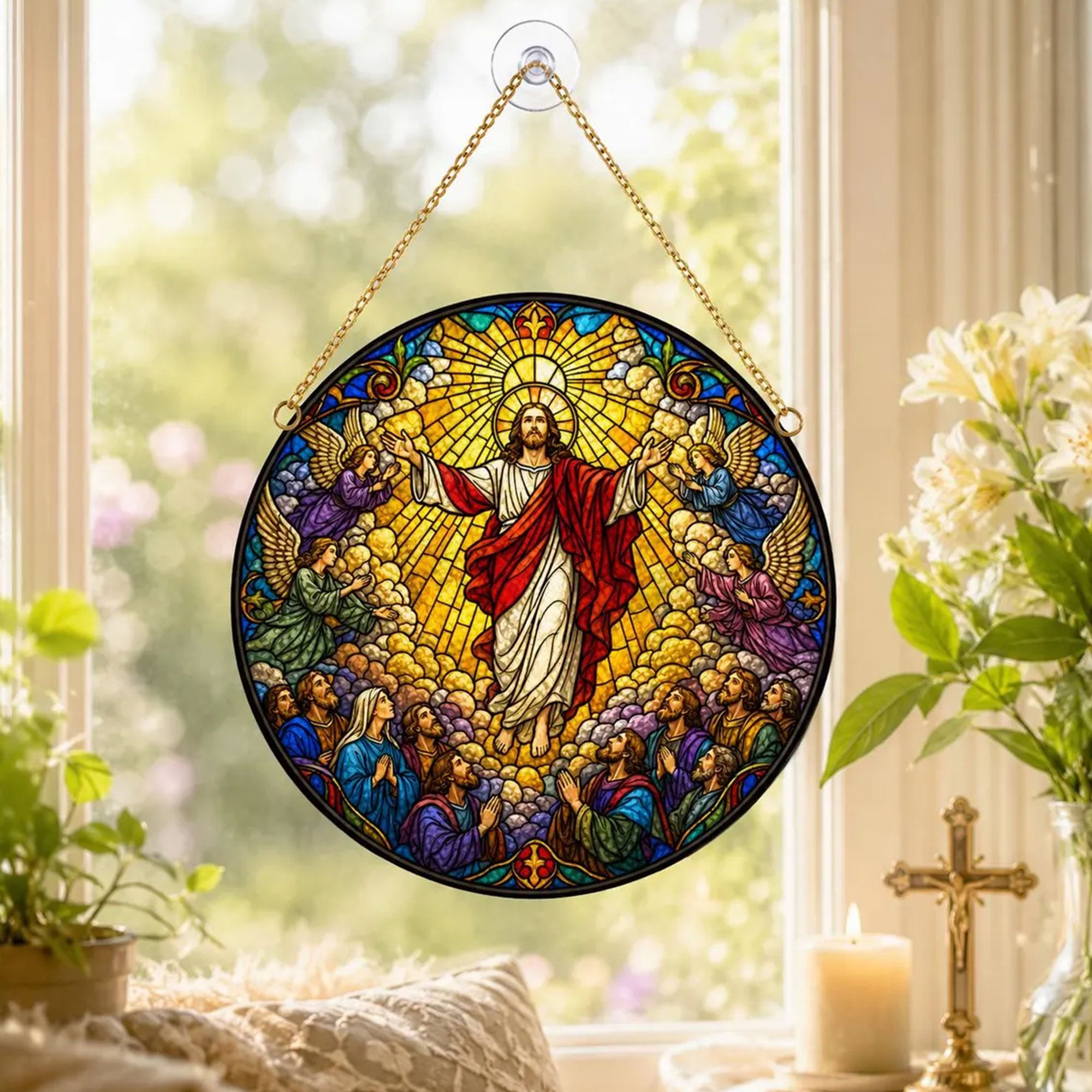 Jesus Ascension Stained Glass Ornament, Christian Window Suncatcher, Religious Faith Gift