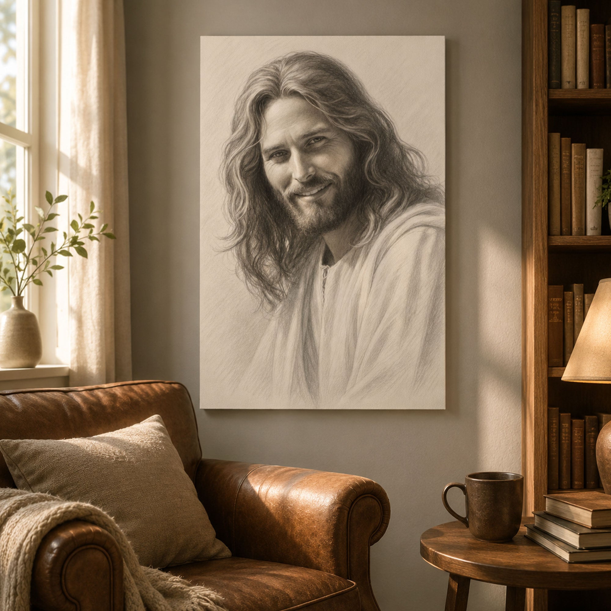 Jesus Pencil Sketch Canvas Print, Christian Portrait Wall Art, Minimalist Faith Home Decor