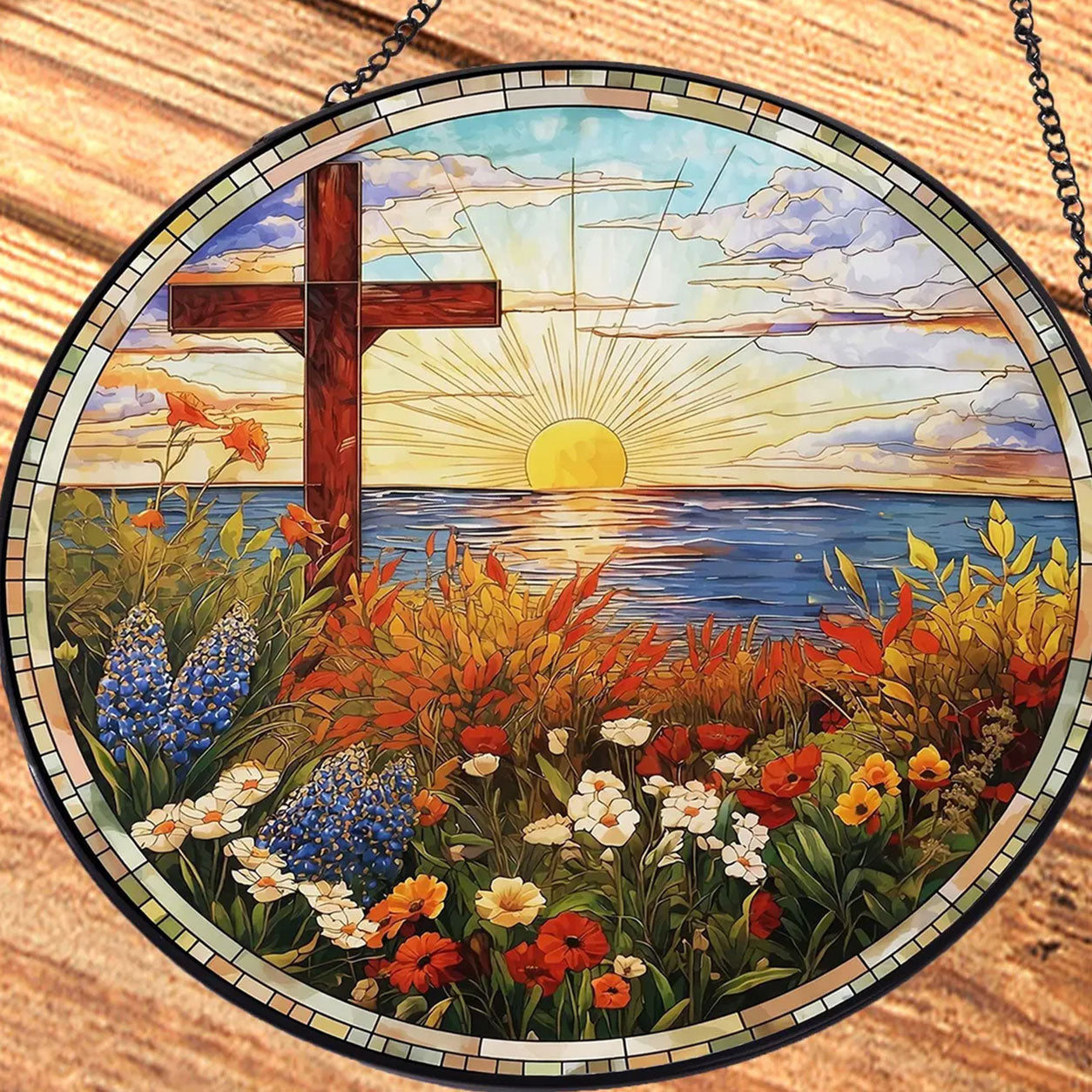 Sunrise Cross Suncatcher, Coastal Christian Window Decor, Religious Faith Gift for Home
