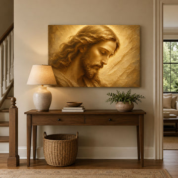 Jesus Christ Portrait Panoramic Canvas Print, Soft Gold Christian Wall Art, Faith Home Decor Gift
