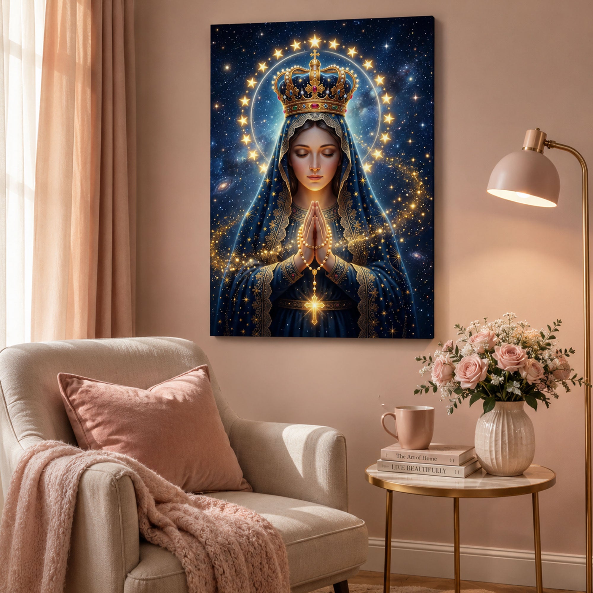Queen of Heaven Virgin Mary Canvas Print, Celestial Catholic Wall Art, Crowned Madonna Faith Decor, Heavenly Christian Artwork