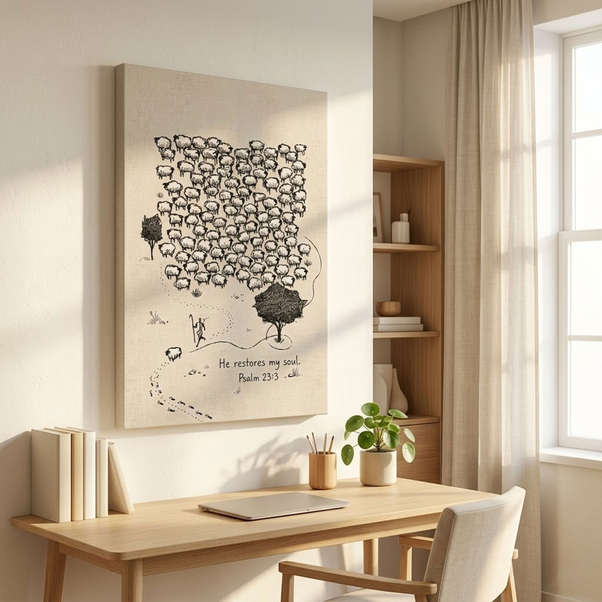 Psalm 23:3 Shepherd Canvas Print, He Restores My Soul Wall Art, Christian Sheep Illustration, Minimal Faith Decor