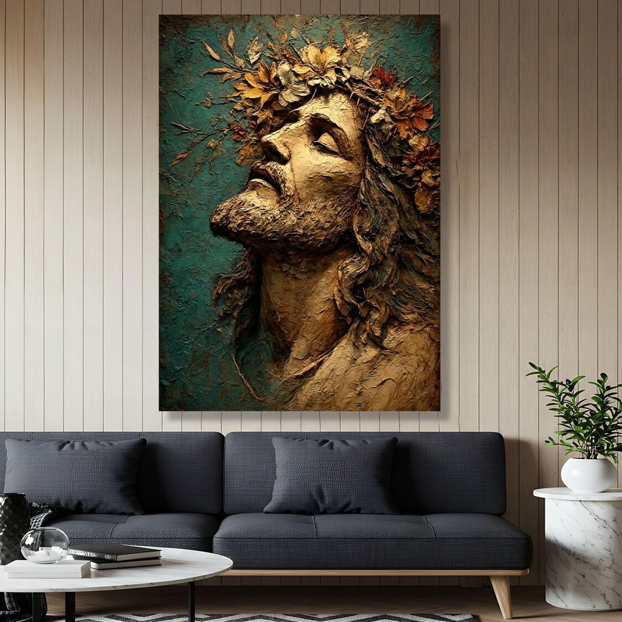 Reverent Jesus Portrait Canvas Print, Floral Crown Christian Wall Art, Sacred Inspirational Faith Decor