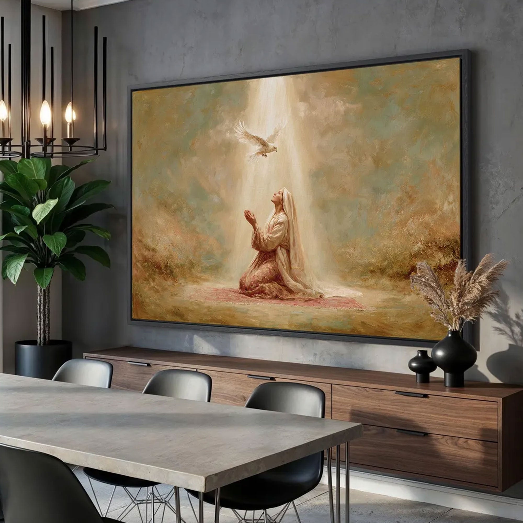Virgin Mary Canvas Print, Praying Madonna and Dove Wall Art, Catholic Religious Decor, Holy Spirit Symbol Artwork, Inspirational Faith Gift