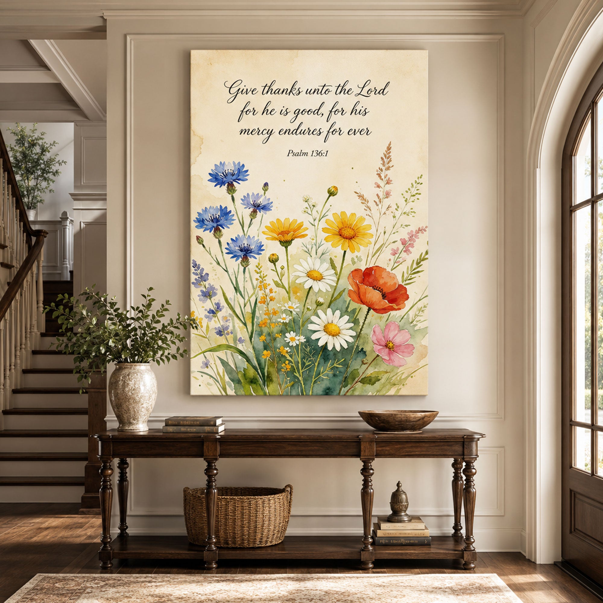 Psalm 136:1 Wildflowers Christian Canvas Print, Give Thanks to the Lord Scripture Wall Art, Religious Home Decor Gift