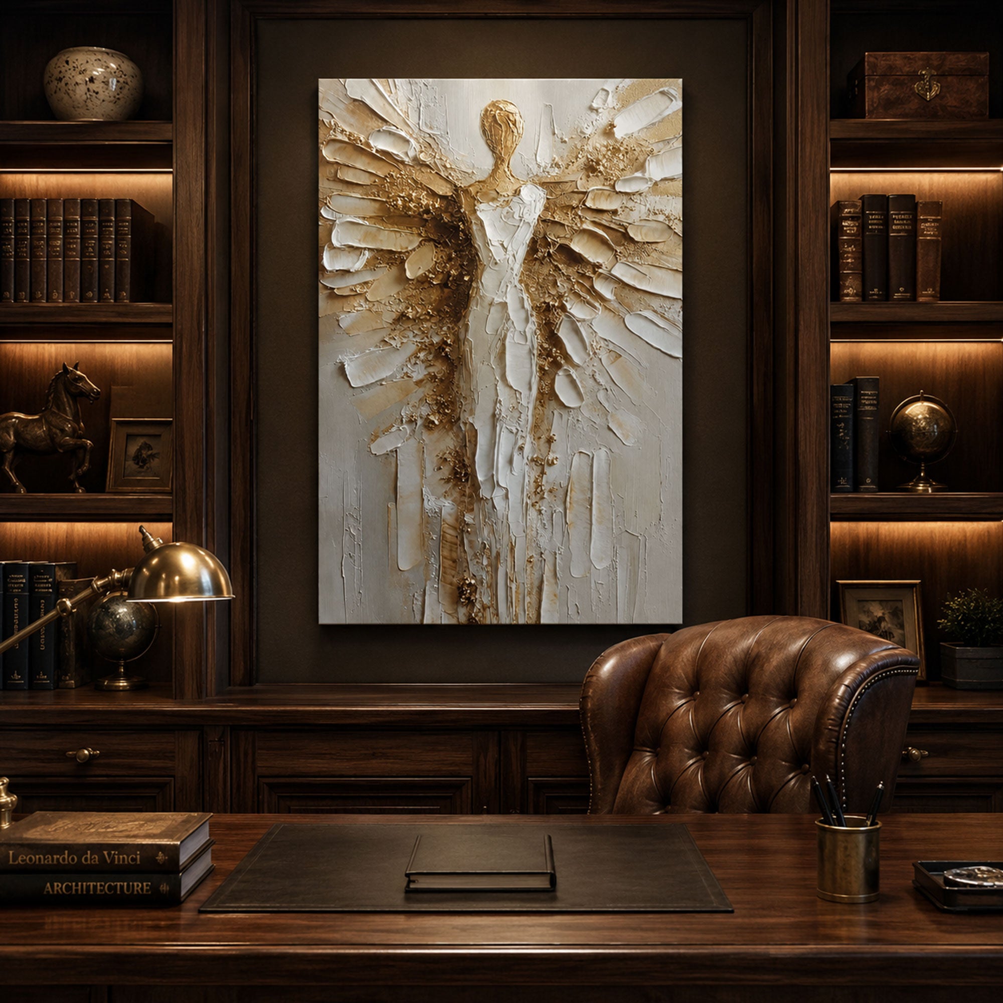 White Gold Guardian Angel Canvas Print, Christian Angel Wall Art, Faith Home Decor Gift