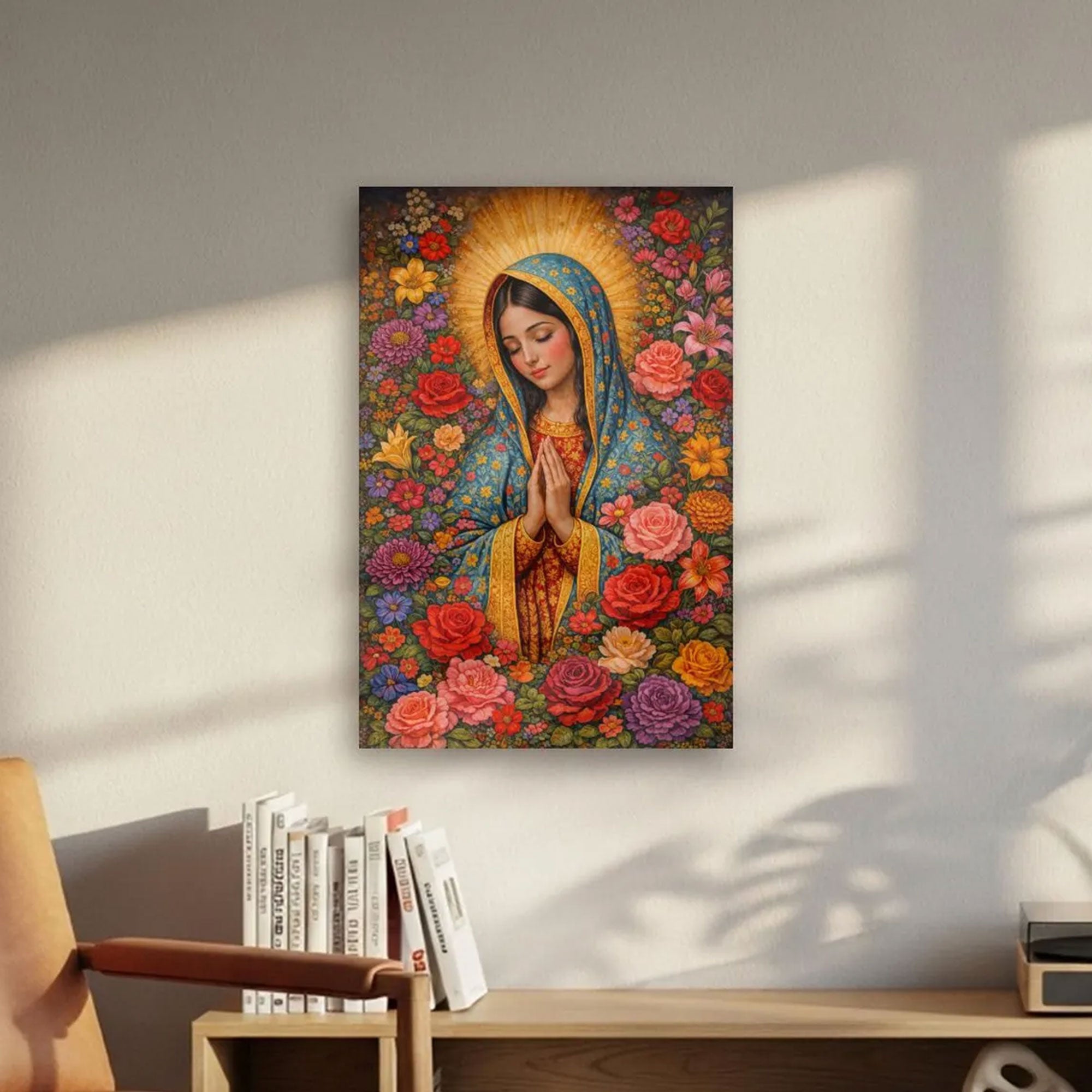 Virgin Mary Floral Canvas Print, Catholic Christian Wall Art, Blessed Mother Flower Painting, Framed Religious Home Decor, Inspirational Faith Gift