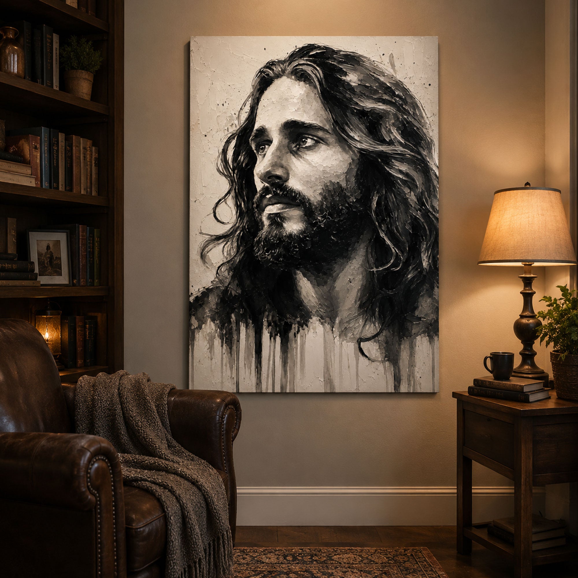 Jesus Portrait Canvas Print, Black and White Christian Wall Art, Faith Home Decor