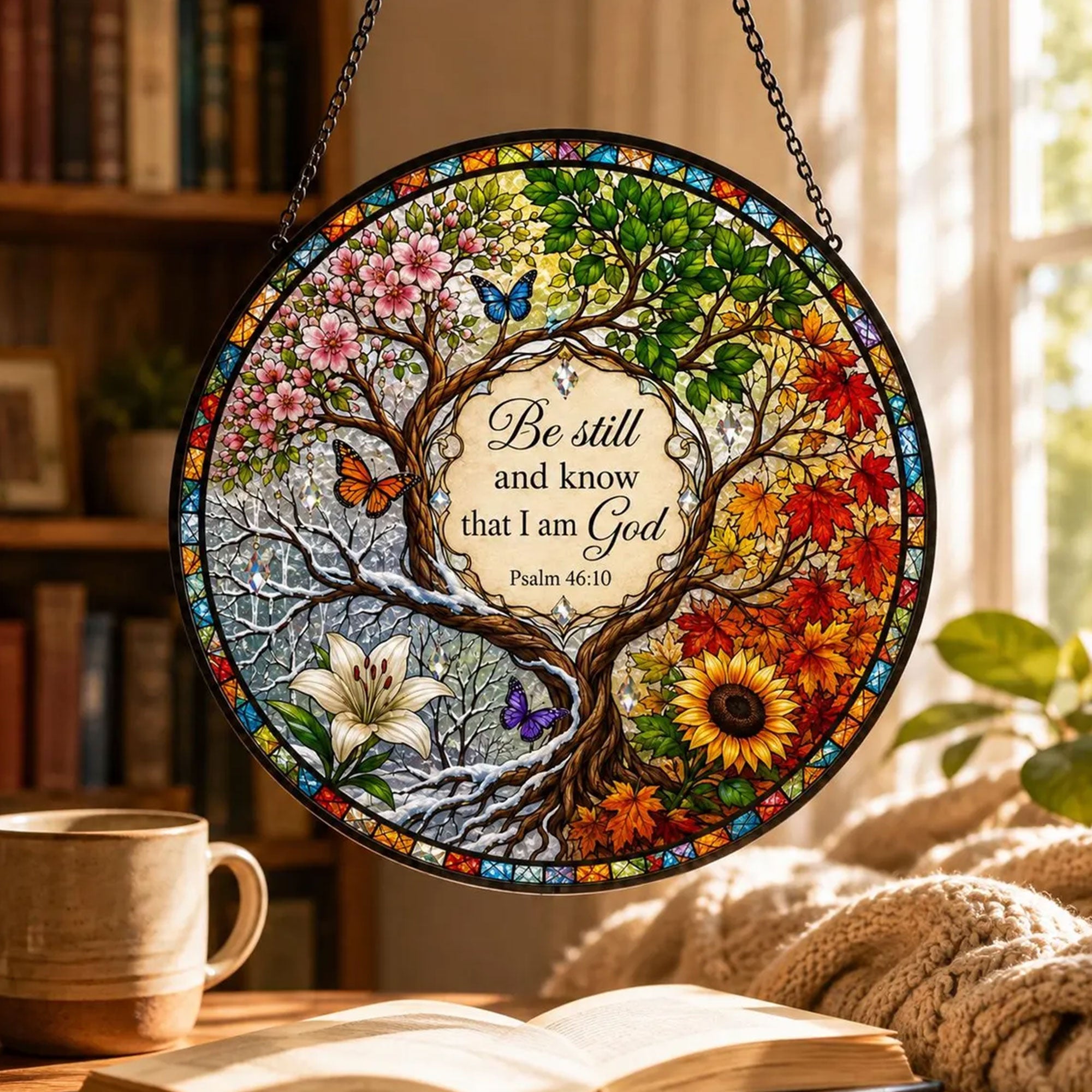 Be Still and Know That I Am God Suncatcher, Psalm 46:10 Christian Window Hanging, Four Seasons Faith Gift