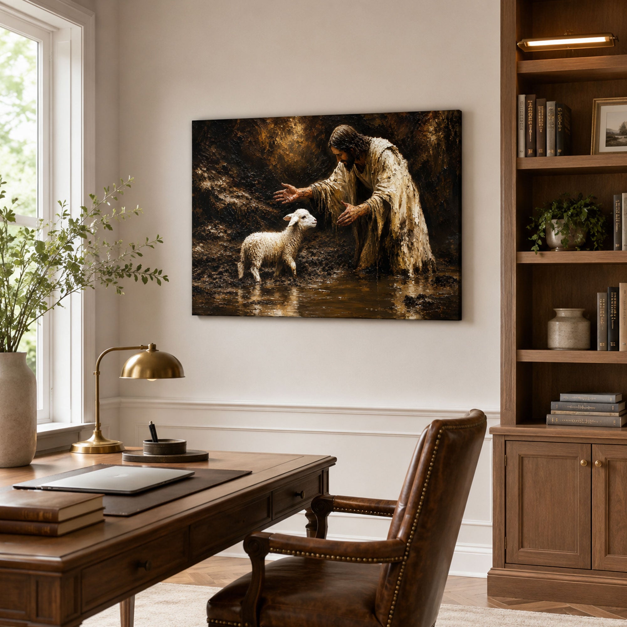 Jesus Rescuing the Lost Lamb Canvas Print, Earth Tone Christian Decor