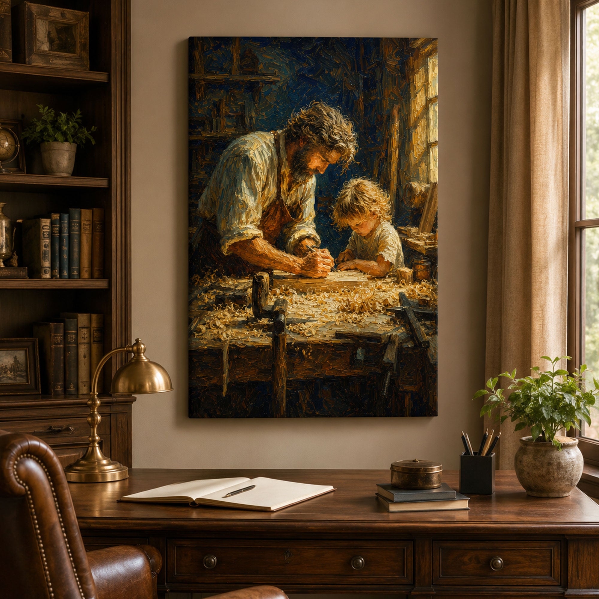 Saint Joseph Teaching Child Jesus Canvas Print, Catholic Wall Art, Rustic Faith Home Decor
