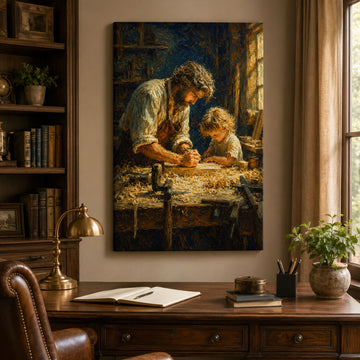 Saint Joseph Teaching Child Jesus Canvas Print, Catholic Wall Art, Rustic Faith Home Decor
