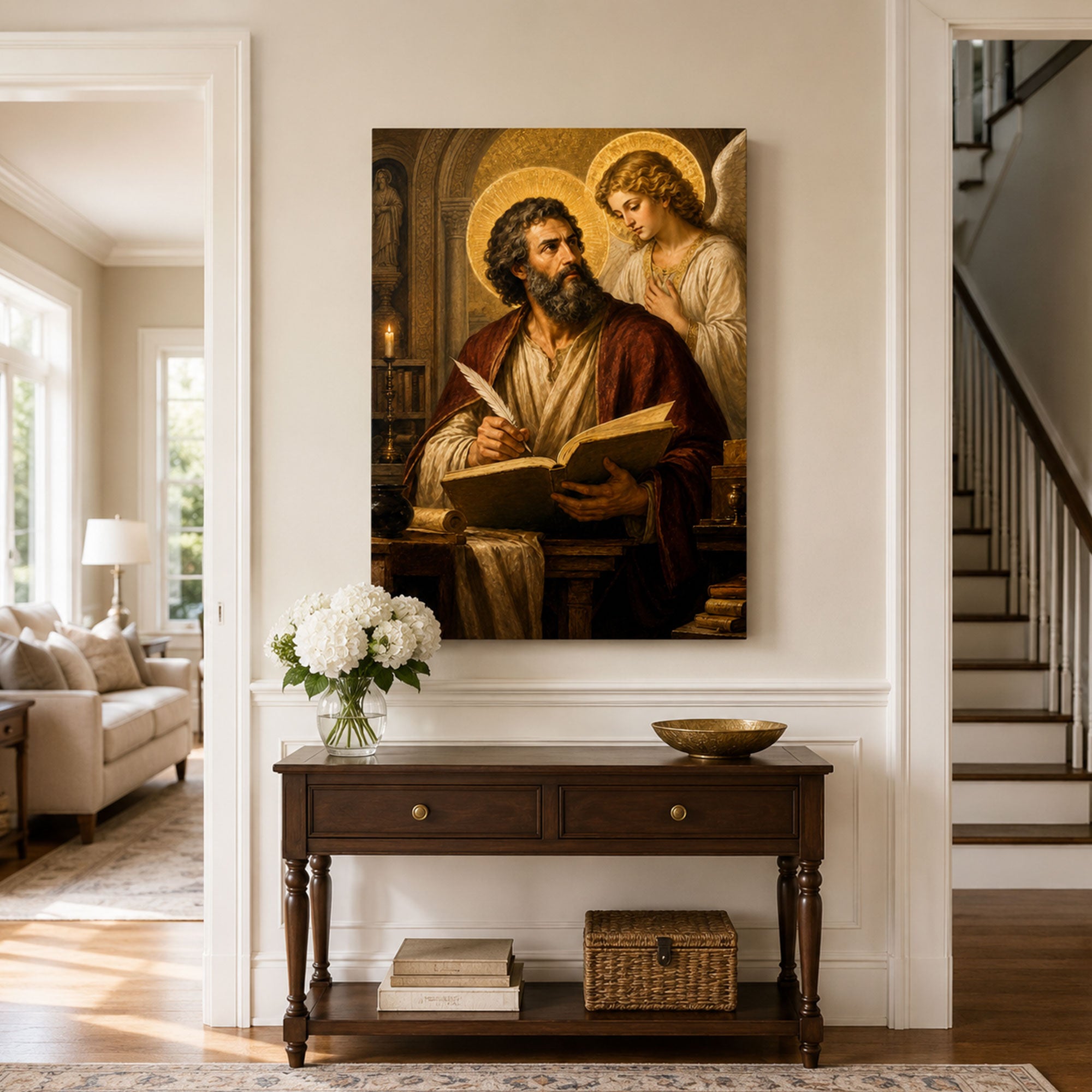 Saint Matthew with Angel Canvas Print, Catholic Gospel Art