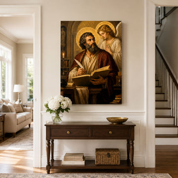 Saint Matthew with Angel Canvas Print, Catholic Gospel Art