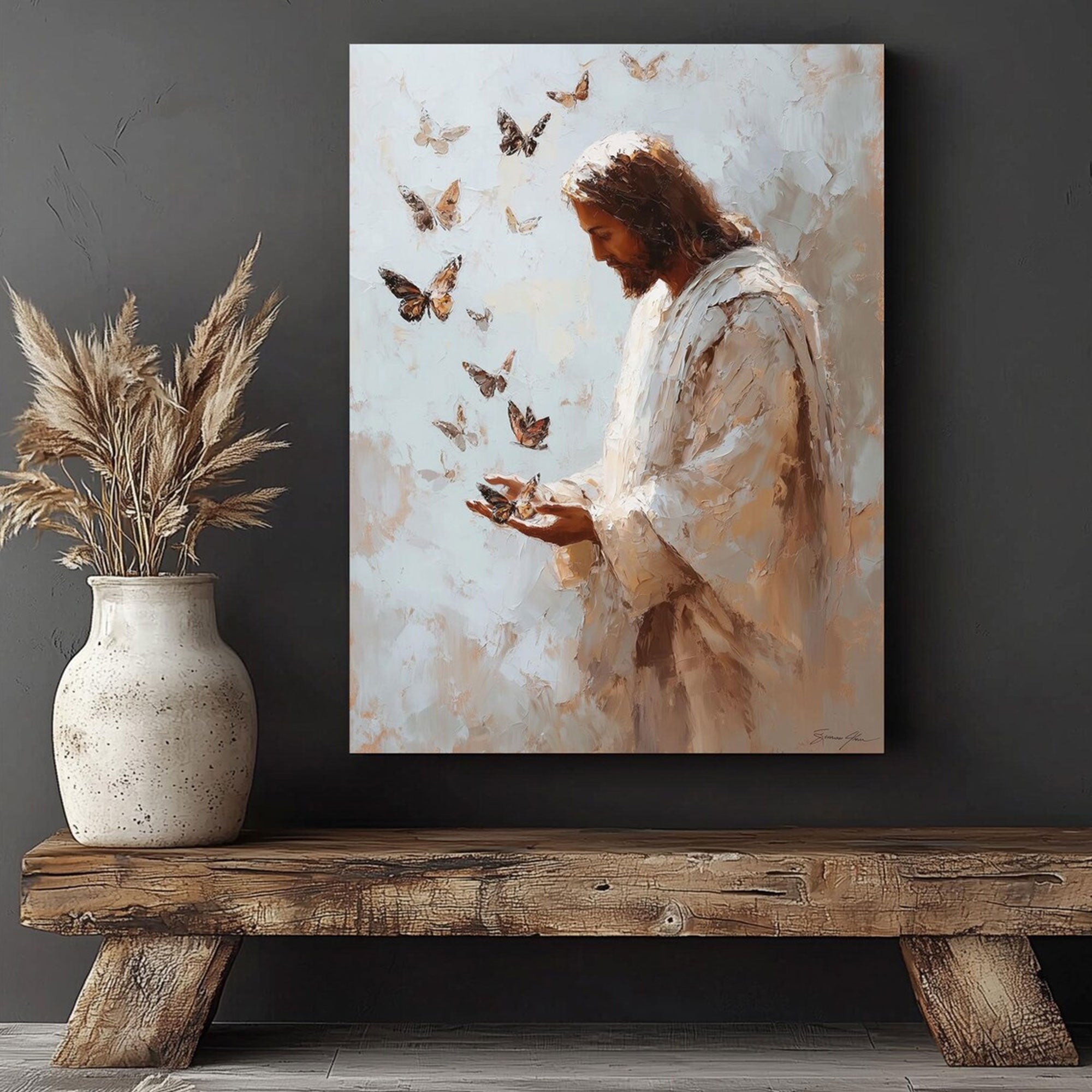 Jesus with Butterflies Canvas Print, Christian Inspirational Wall Art, Peaceful Faith Home Decor