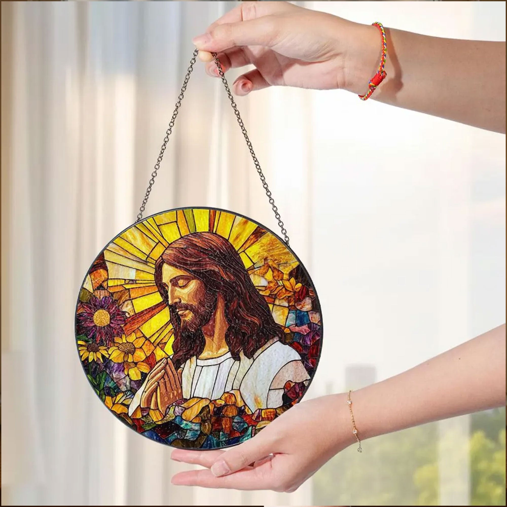 Jesus Stained Glass Suncatcher, Christian Window Hanging Decor, Floral Faith Gift, Religious Home Ornament