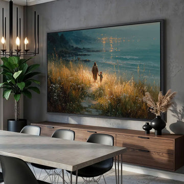 Jesus and Child Canvas Print, Framed Religious Landscape Art, Savior Walking with Child Christian Wall Decor
