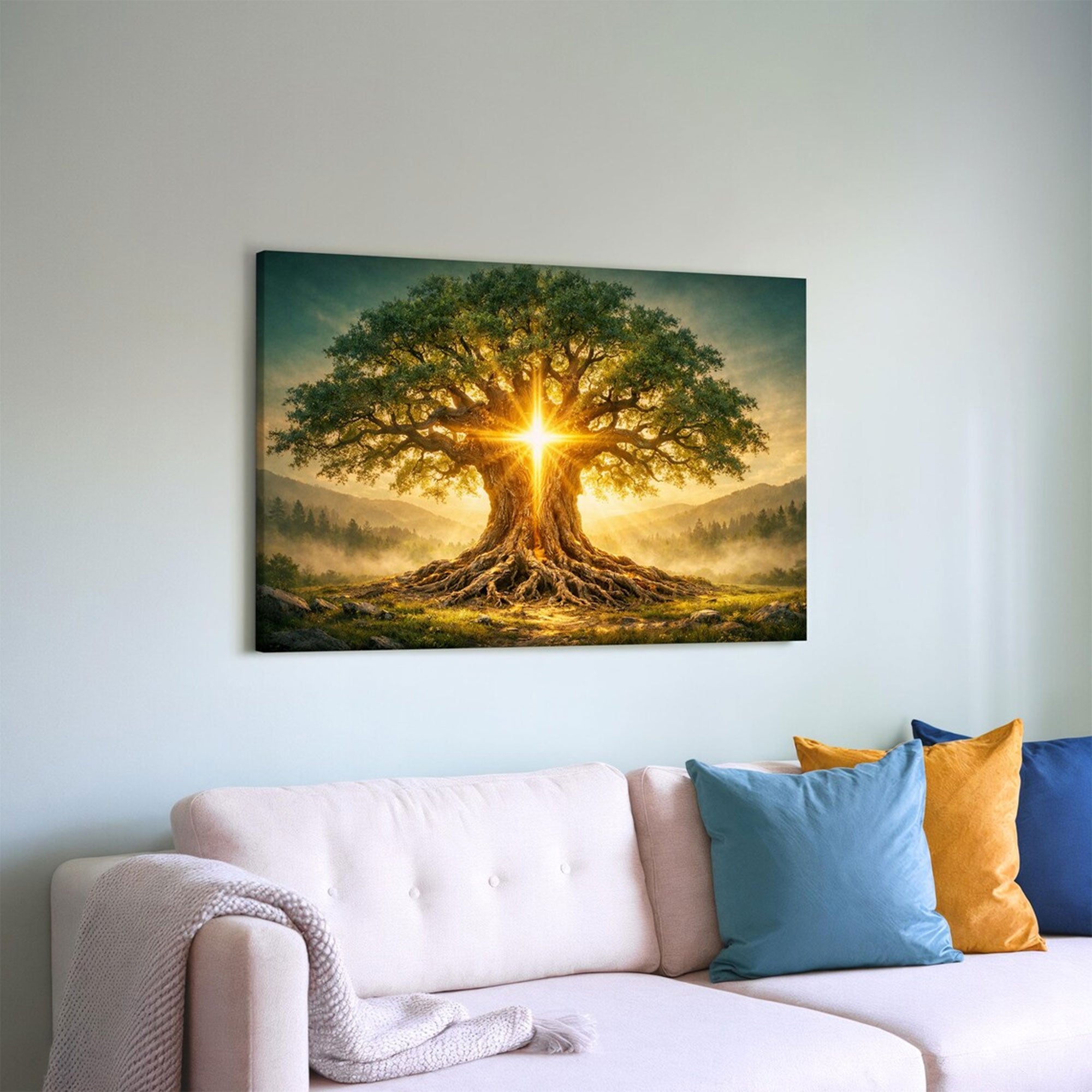 Tree of Life Cross Light Canvas Wall Art, Christian Faith Symbol, Nature Scene Spiritual Home Decor