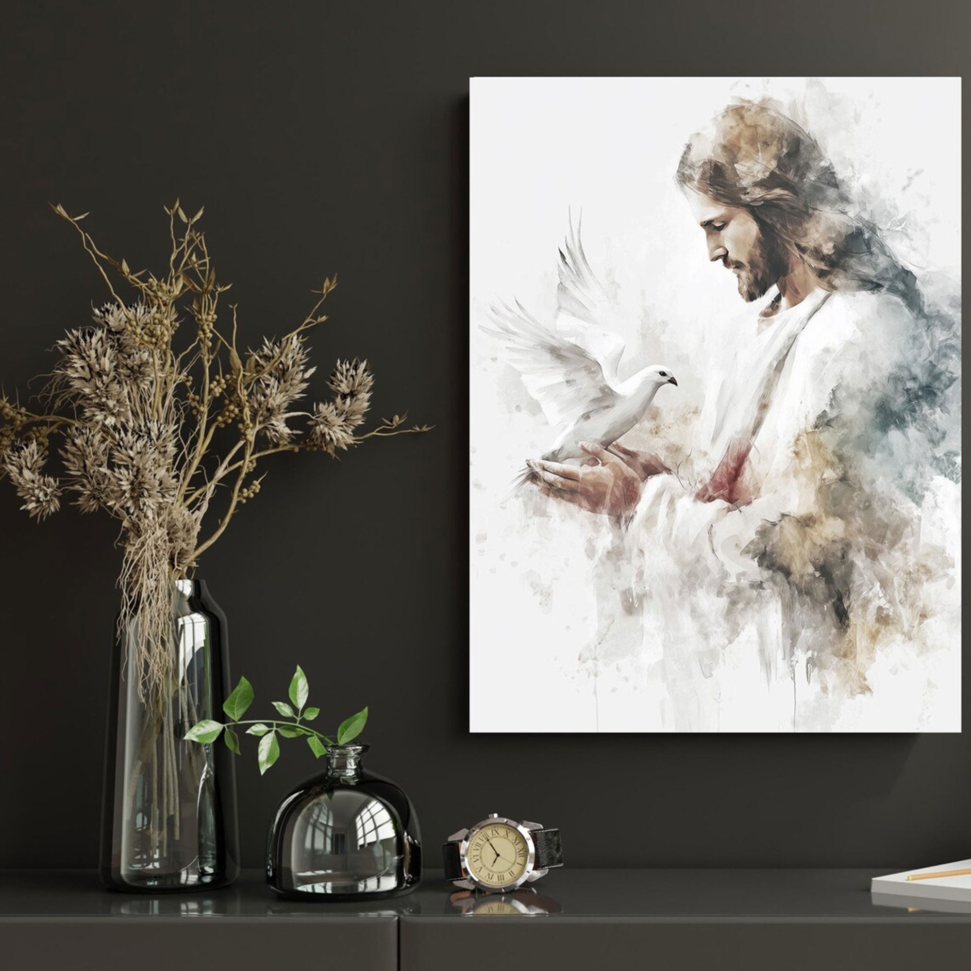 Jesus Dove Canvas Wall Art, Christ Peace Watercolor Painting, Christian Religious Home Decor