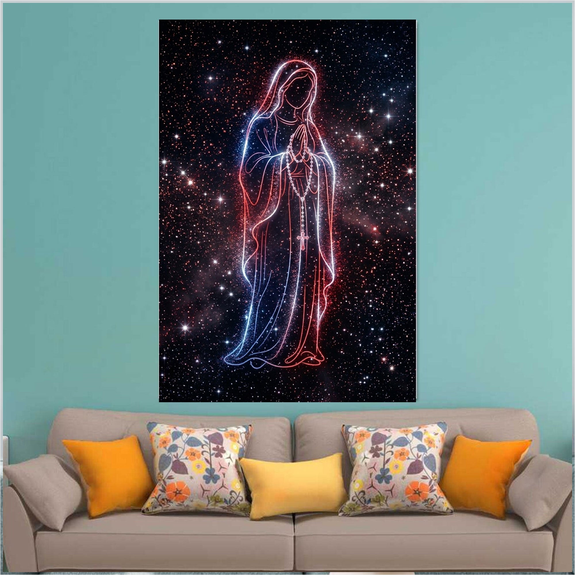 Patriotic Virgin Mary Canvas Print, Red White Blue Madonna Wall Art, American Faith Decor, Modern Christian Artwork