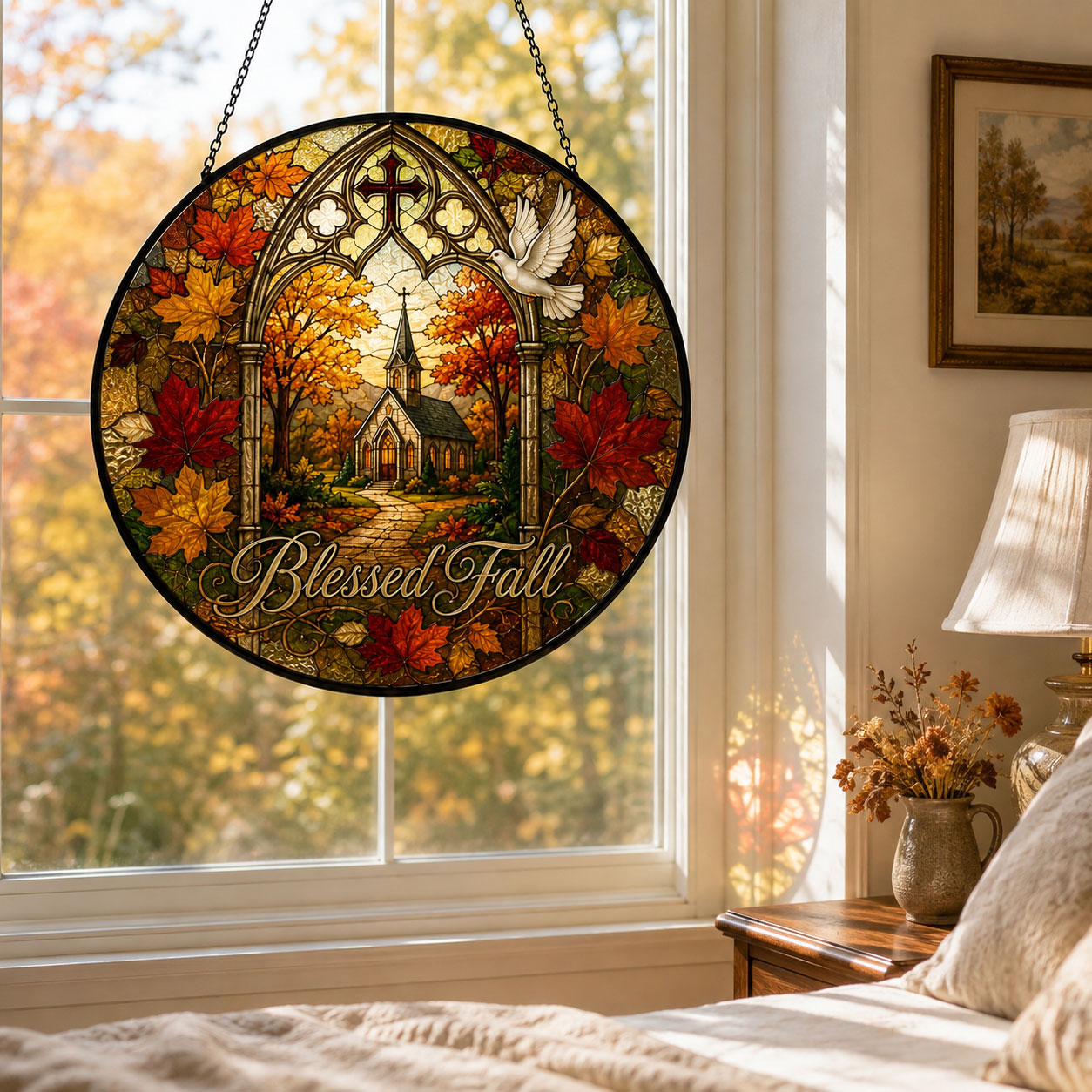 Blessed Fall Church Suncatcher, Autumn Leaves Christian Window Hanging, Faith Home Decor