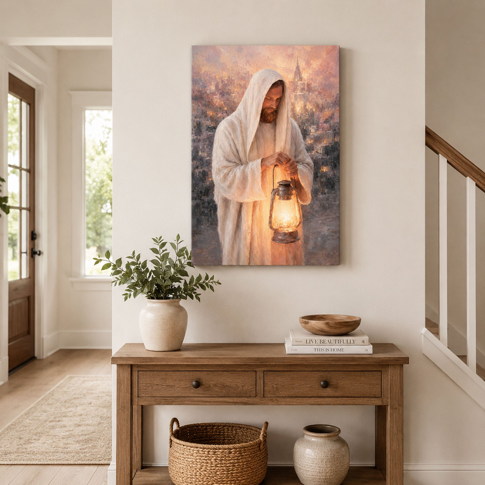 Jesus Holding Lantern Canvas Print, Light of the World Christian Wall Art, Faith Home Decor Gift