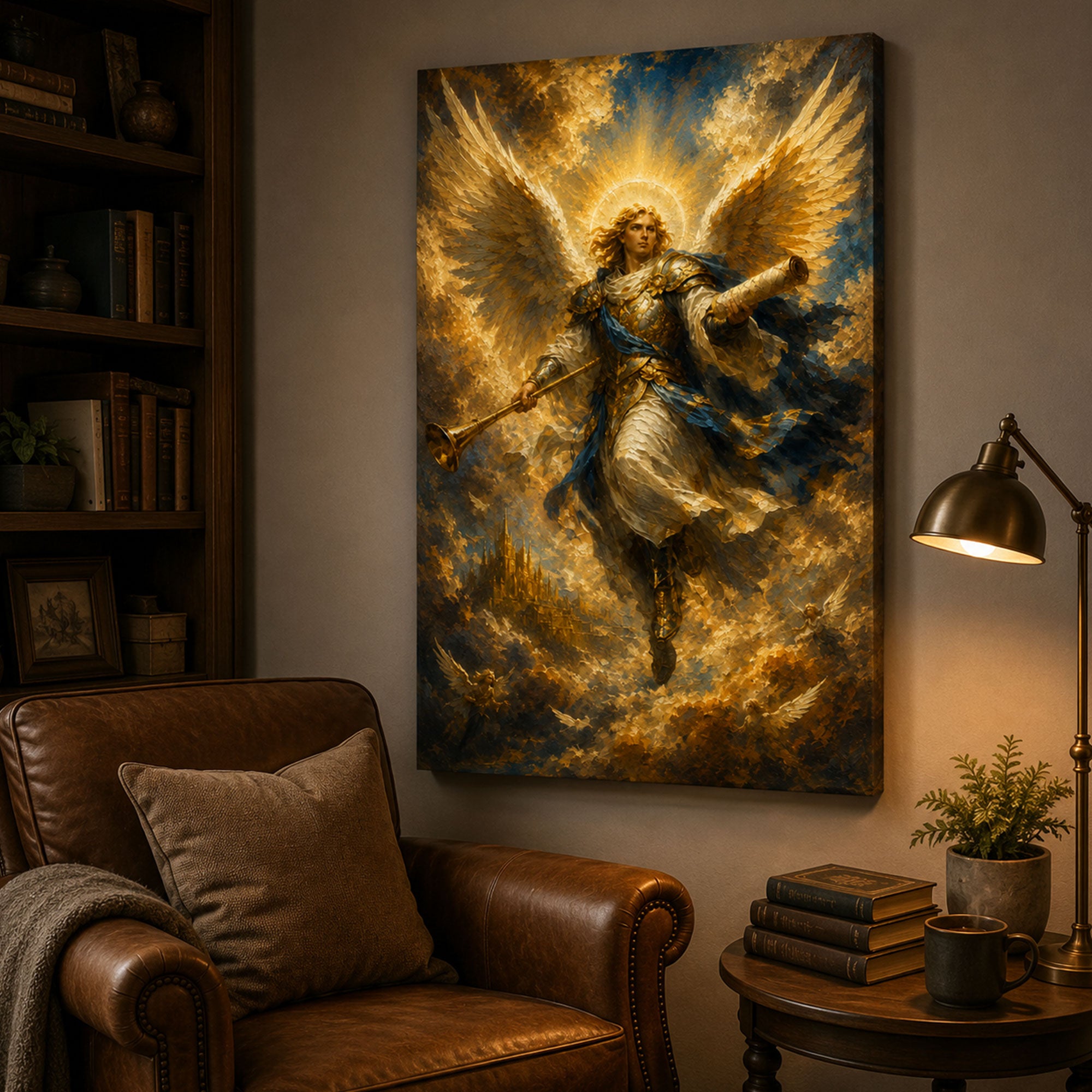 Archangel with Trumpet Canvas Print, Christian Angel Wall Art, Faith Home Decor