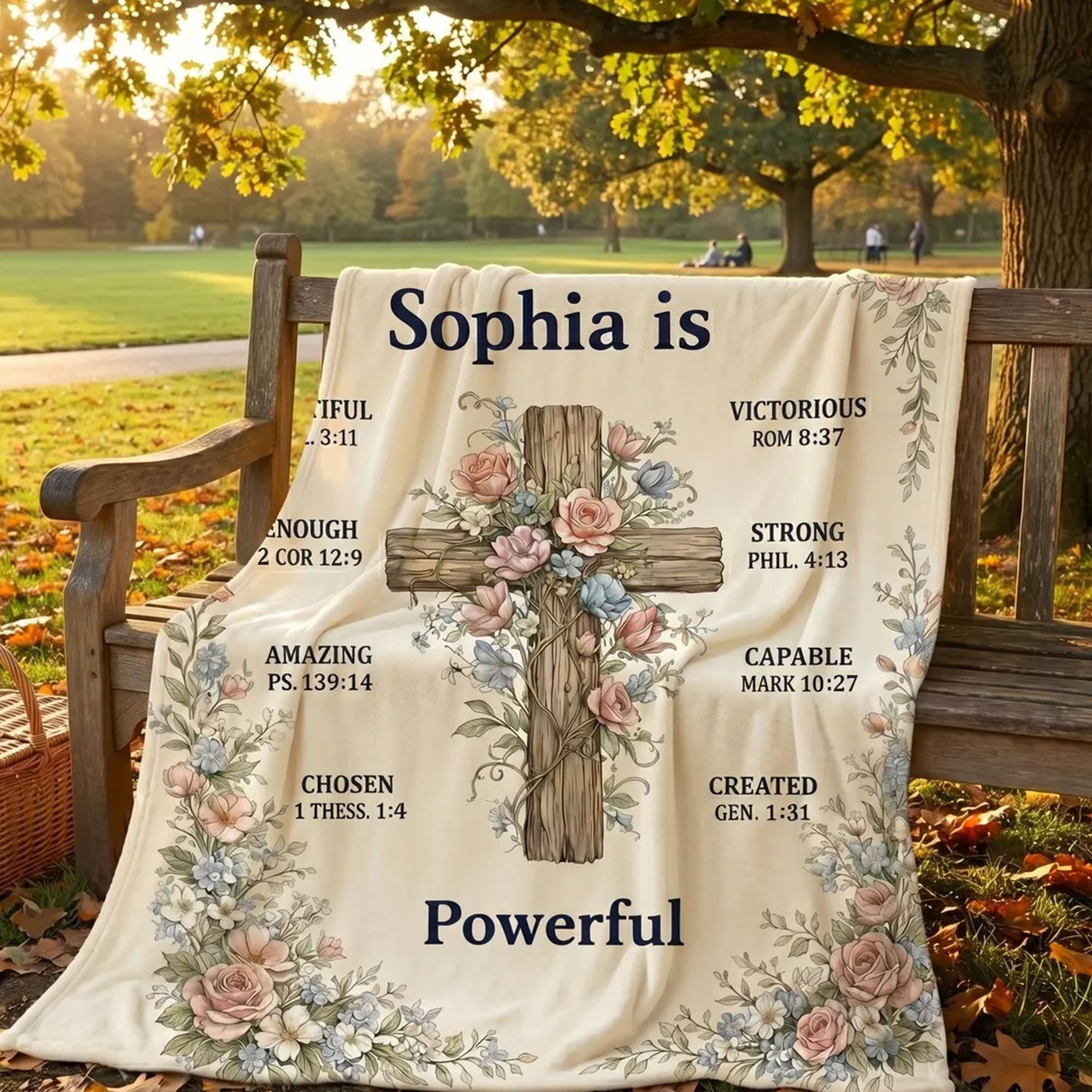 Personalized Christian Blanket, Custom Bible Verse Throw, Cross Floral Blanket, Inspirational Gift for Friends, Faith Home Decor